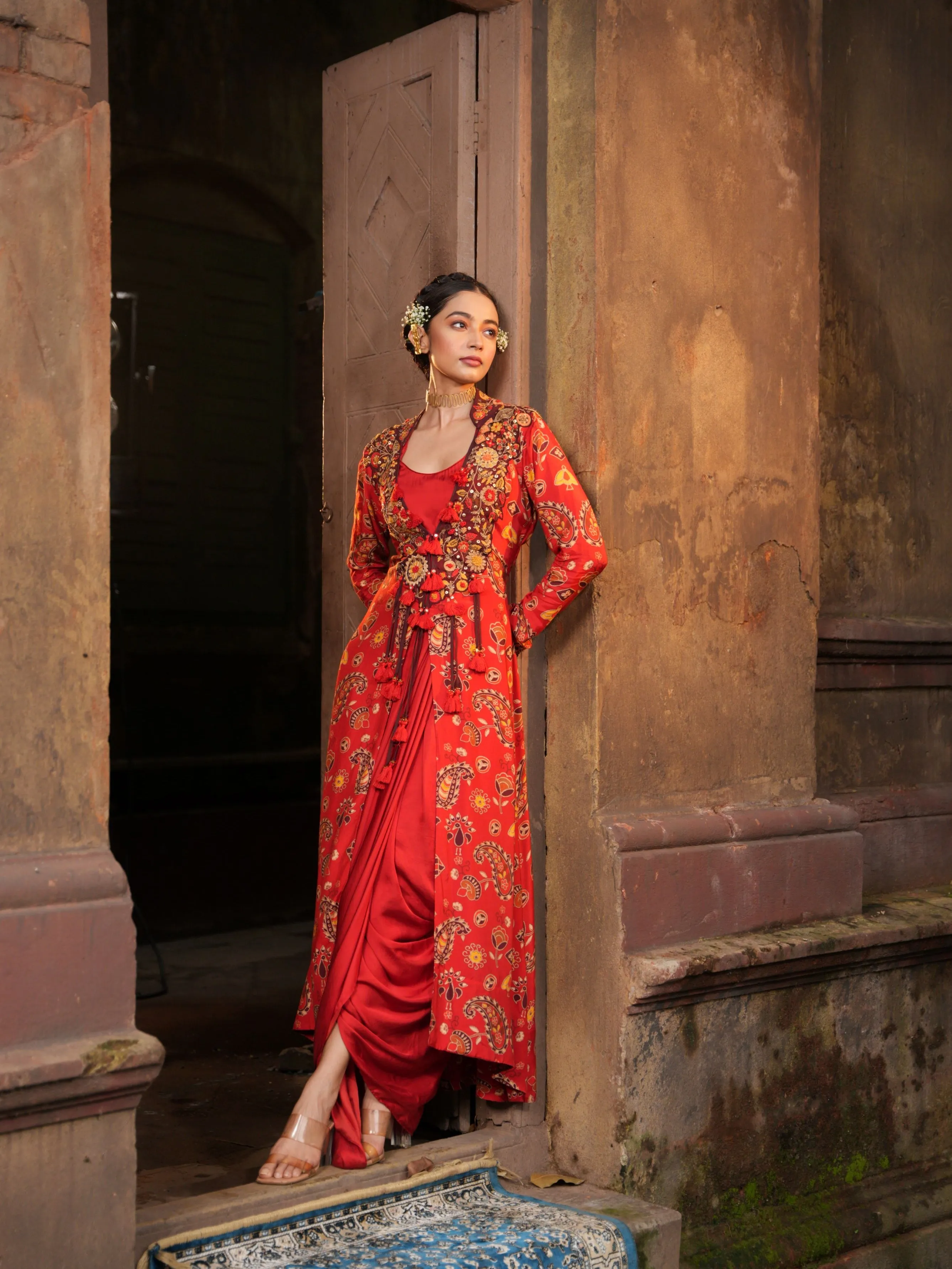 Cherry Red Premium Silk Draped Cape Dress