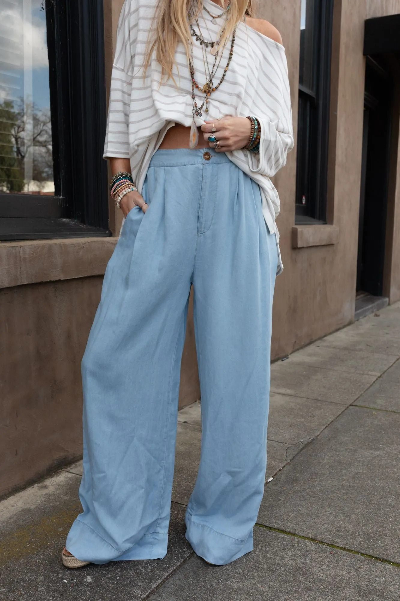 City Sway Wide Leg Denim Pants - Blue