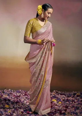 Classy Beige and Yellow colored Designer Saree - Rent