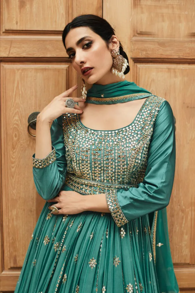 Classy Firozi Heavy Embroidered Anarkali Set - Rent