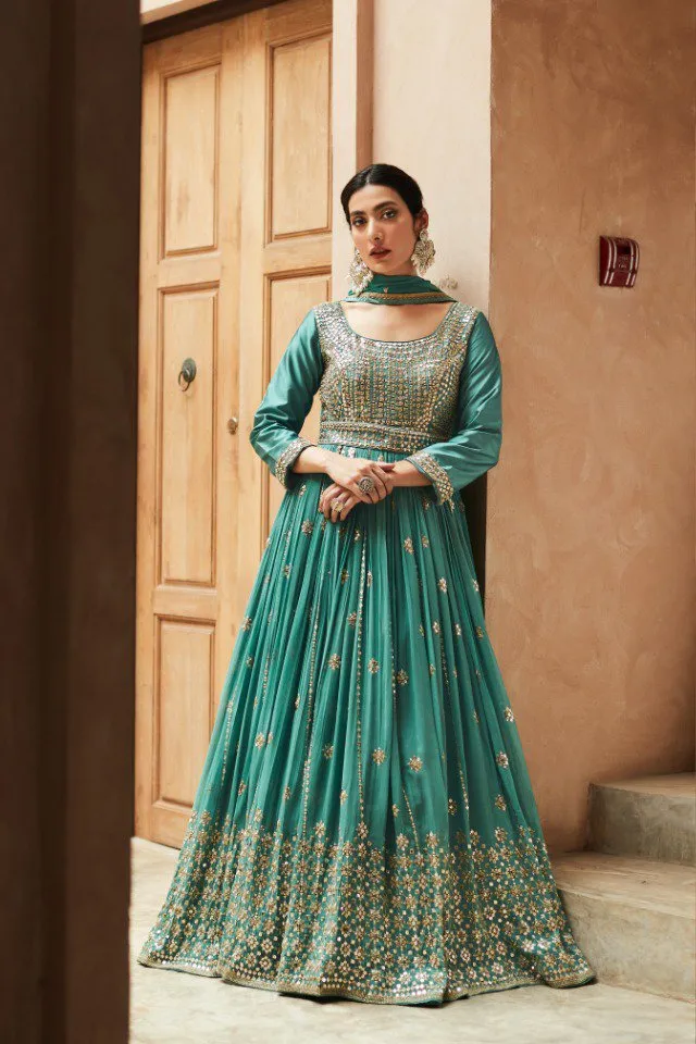 Classy Firozi Heavy Embroidered Anarkali Set - Rent