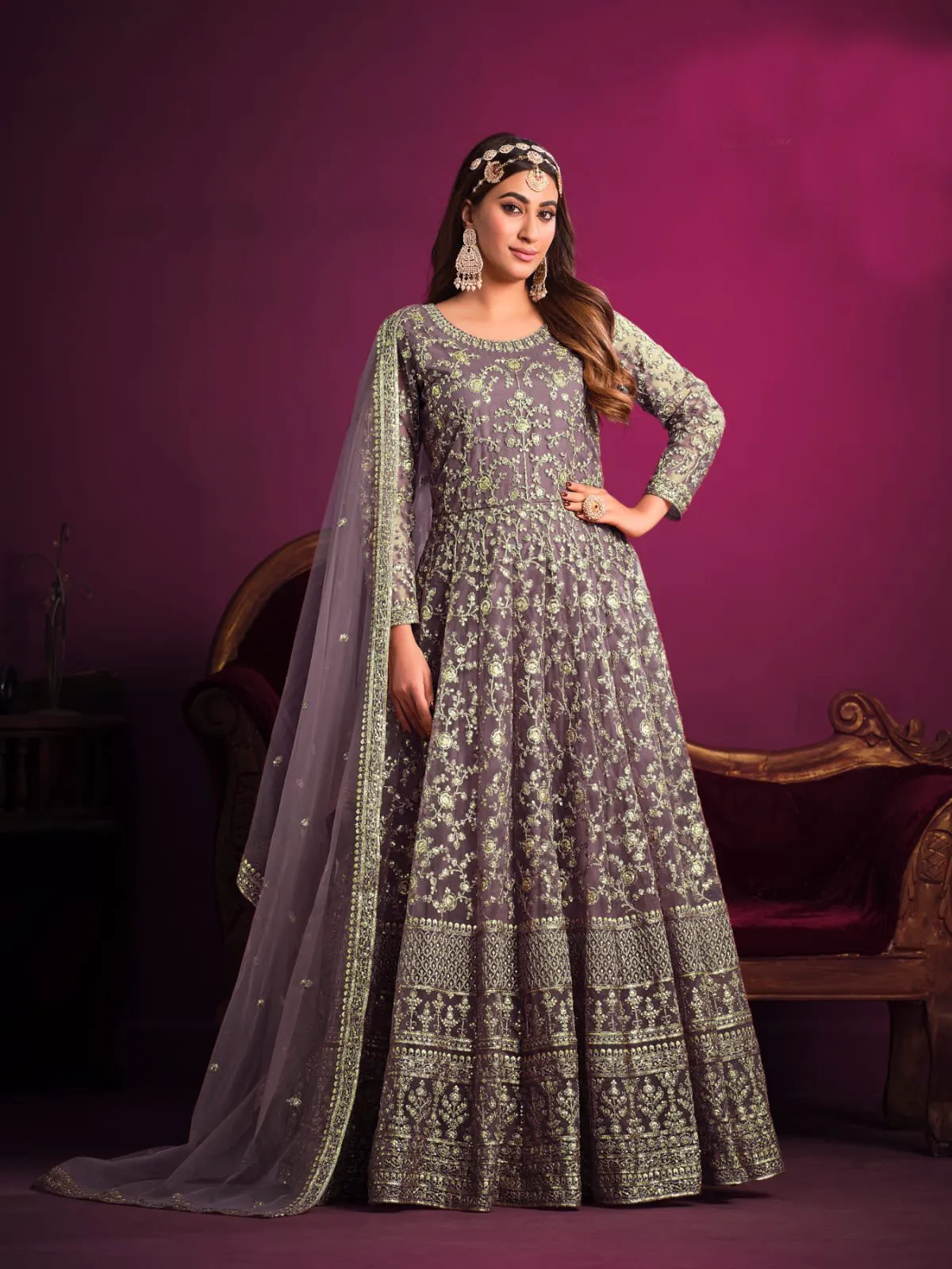 Classy Heavy Embroidered Anarkali Set in Net - Rent