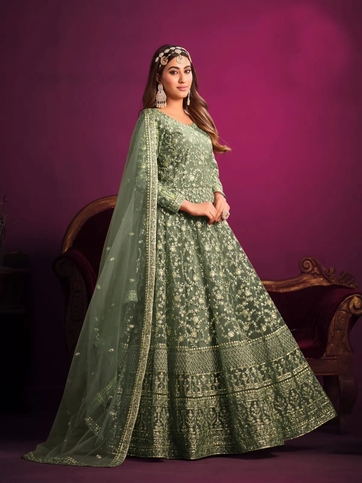 Classy Heavy Embroidered Anarkali Set in Net - Rent