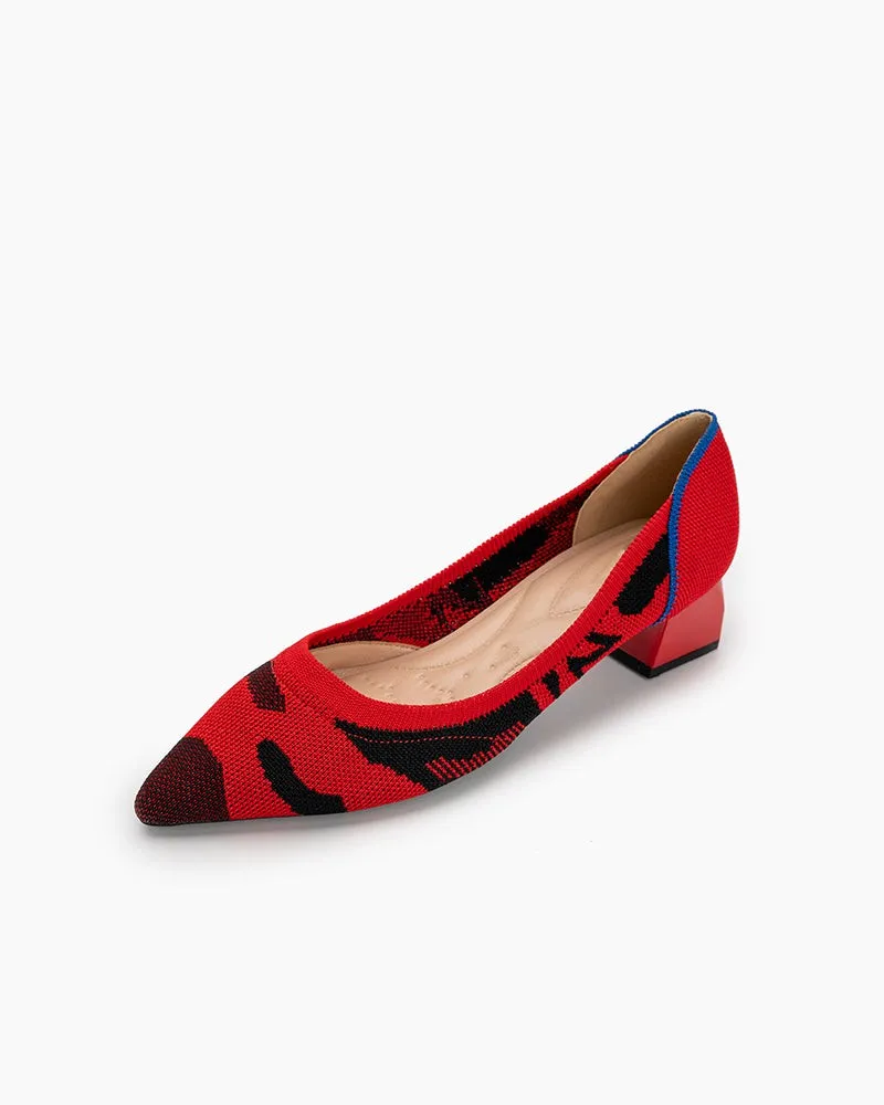 (Clean Up - US 7) Red & Black Pattern Pointed-Toe Chunky Heels