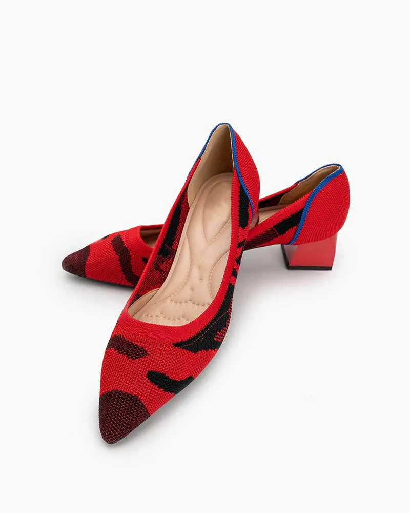 (Clean Up - US 7) Red & Black Pattern Pointed-Toe Chunky Heels