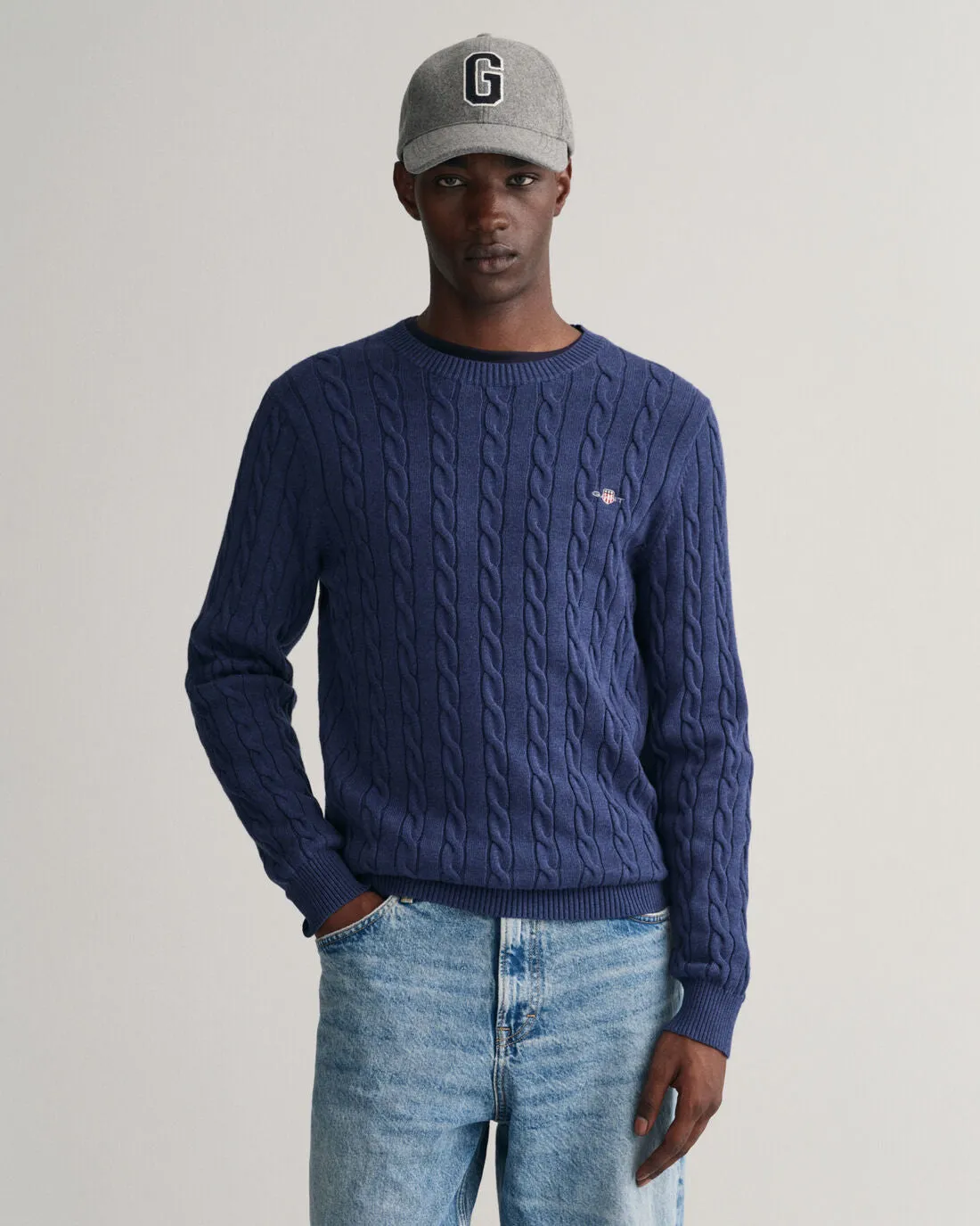 Cotton Cable Knit Crew Neck Sweater - Marine Melange