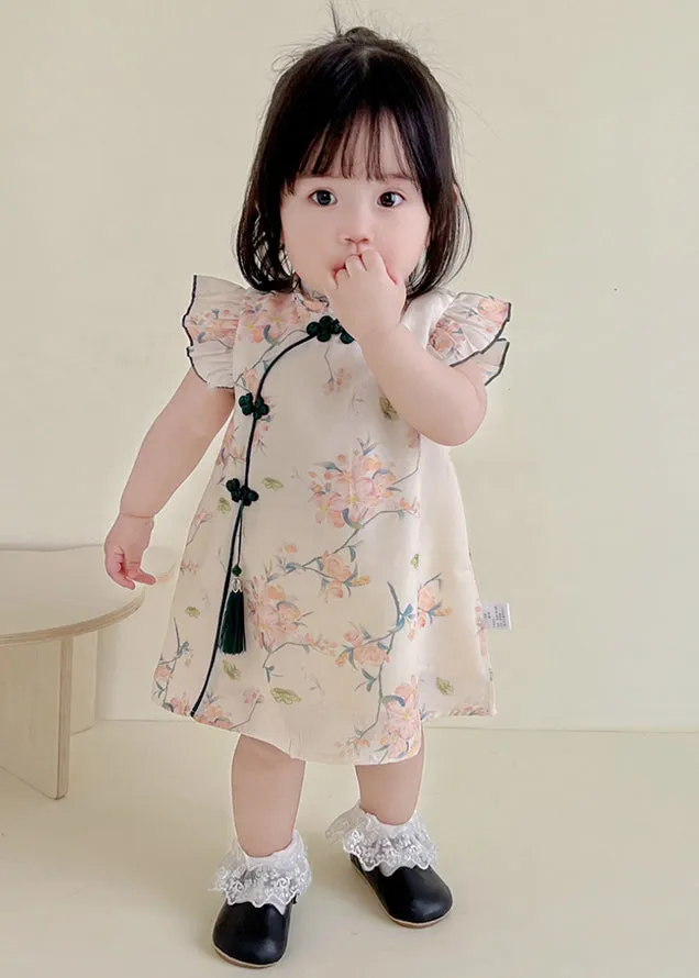 Cute Apricot Print Tassel Girls Mid Dresses Summer MN022