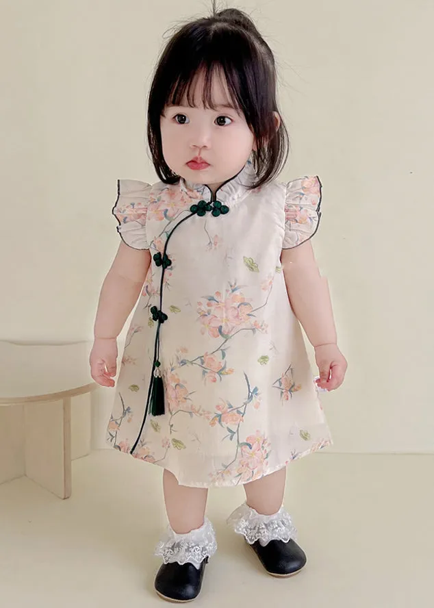 Cute Apricot Print Tassel Girls Mid Dresses Summer MN022