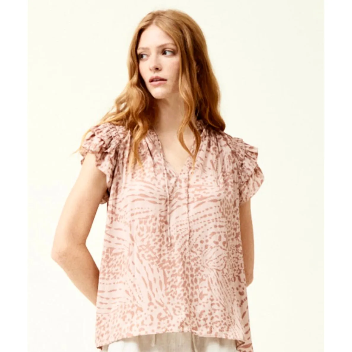 Cynthia Grade and Gather Pink Smoke Printed Ruffle Sleeve Blouse