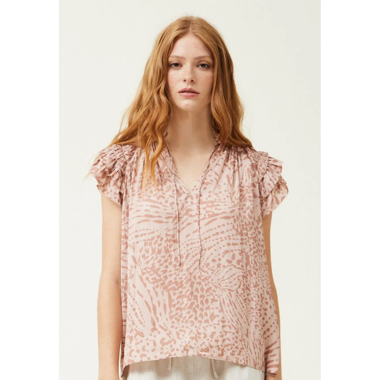 Cynthia Grade and Gather Pink Smoke Printed Ruffle Sleeve Blouse