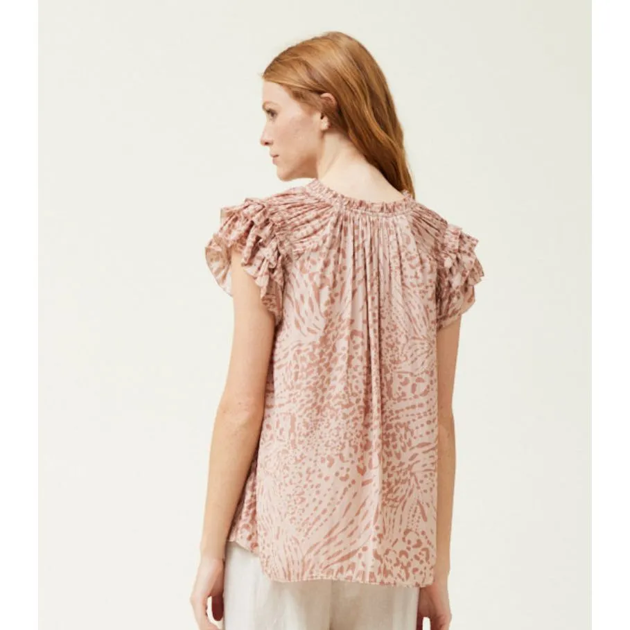 Cynthia Grade and Gather Pink Smoke Printed Ruffle Sleeve Blouse