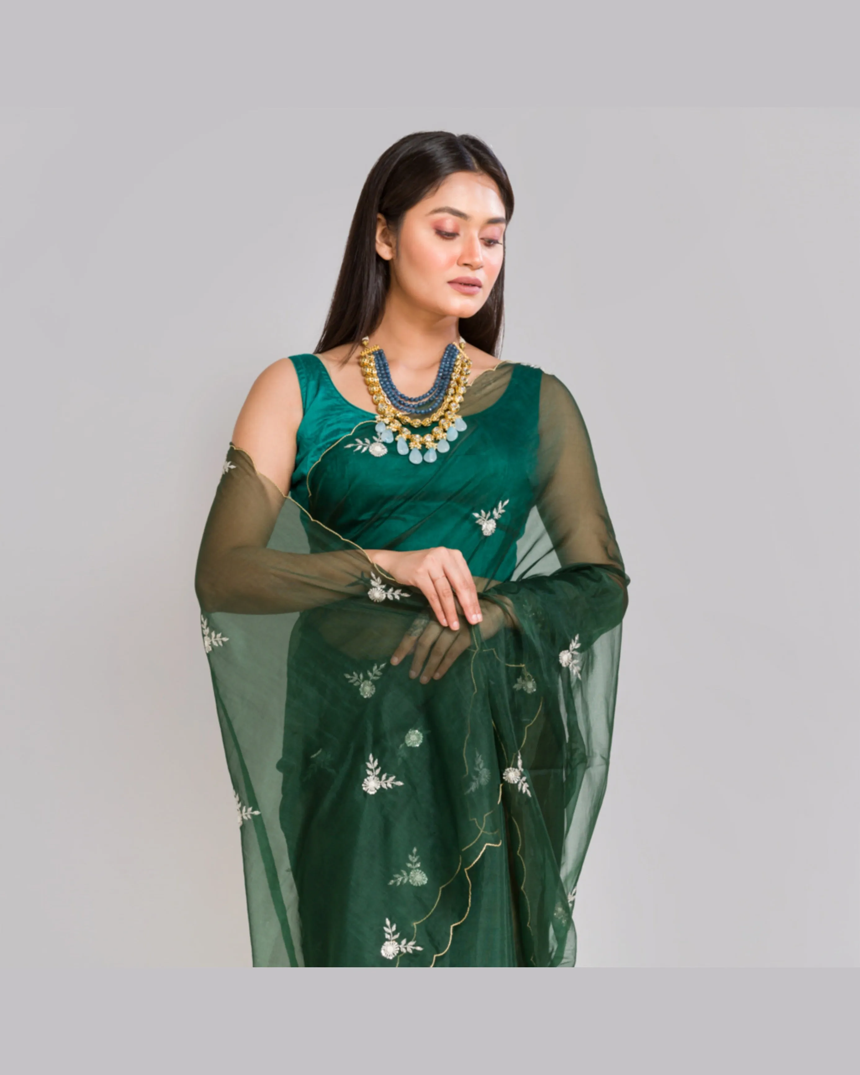 Dark Green Organza Silk Saree With 86 Bootas