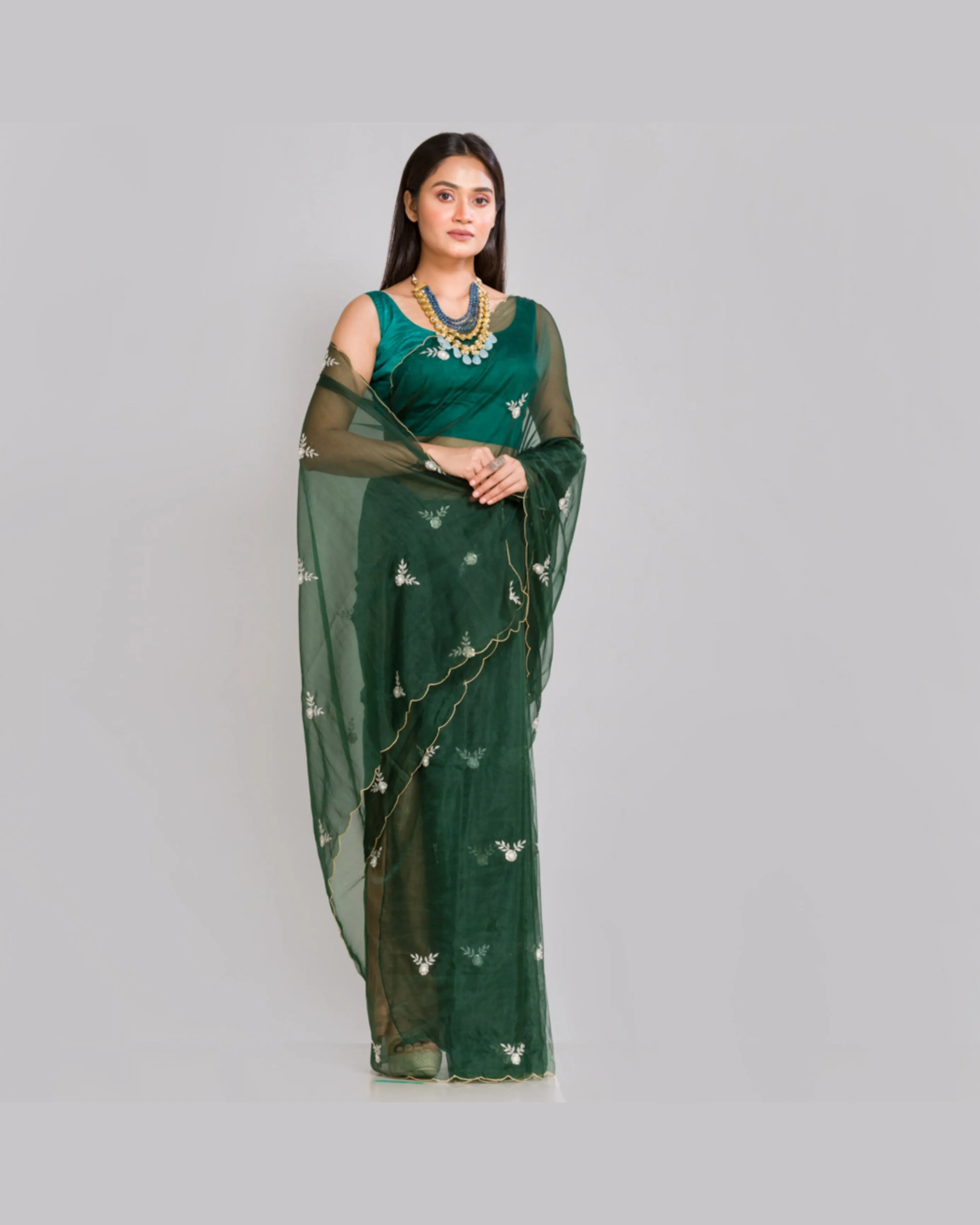 Dark Green Organza Silk Saree With 86 Bootas