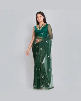 Dark Green Organza Silk Saree With 86 Bootas