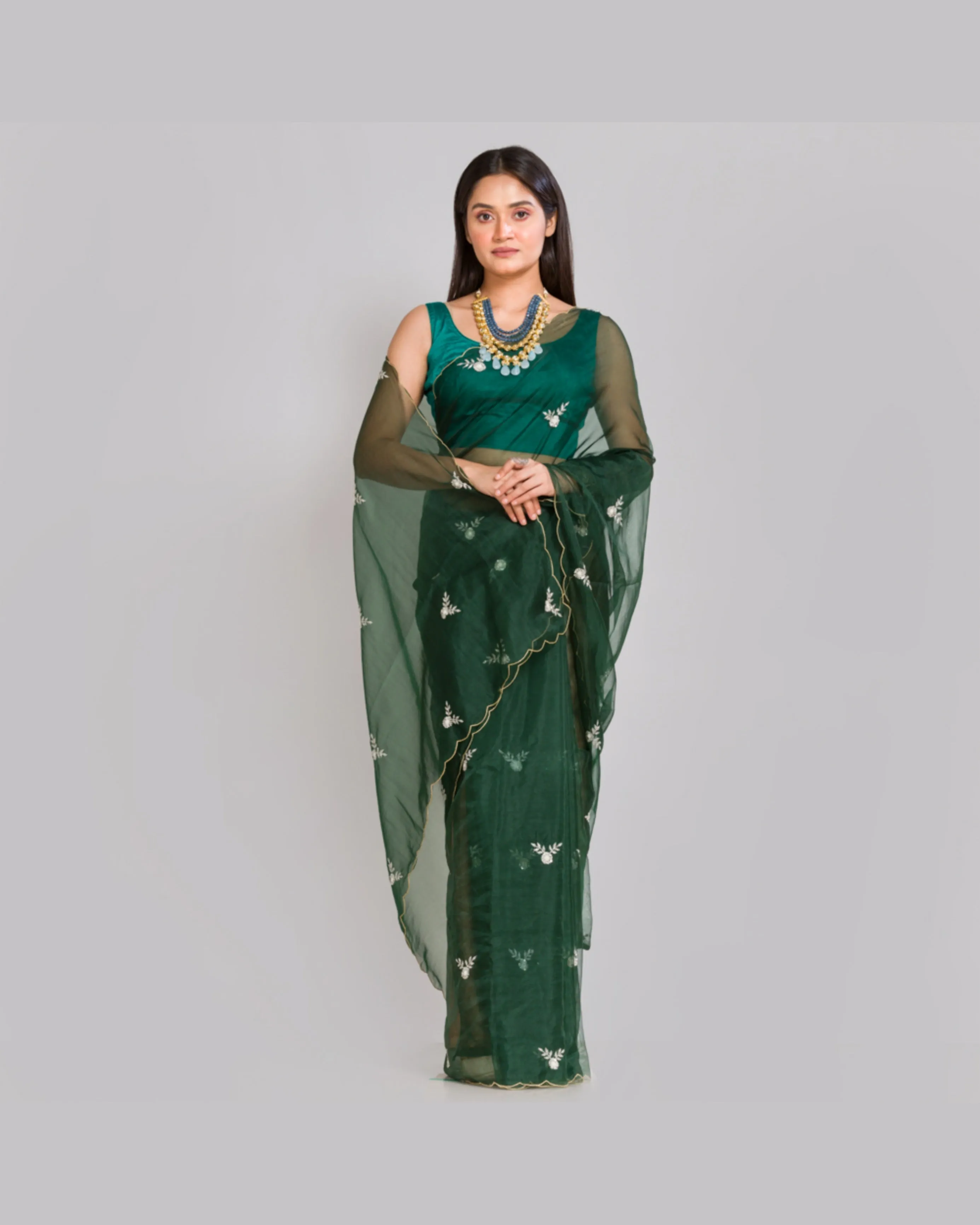 Dark Green Organza Silk Saree With 86 Bootas