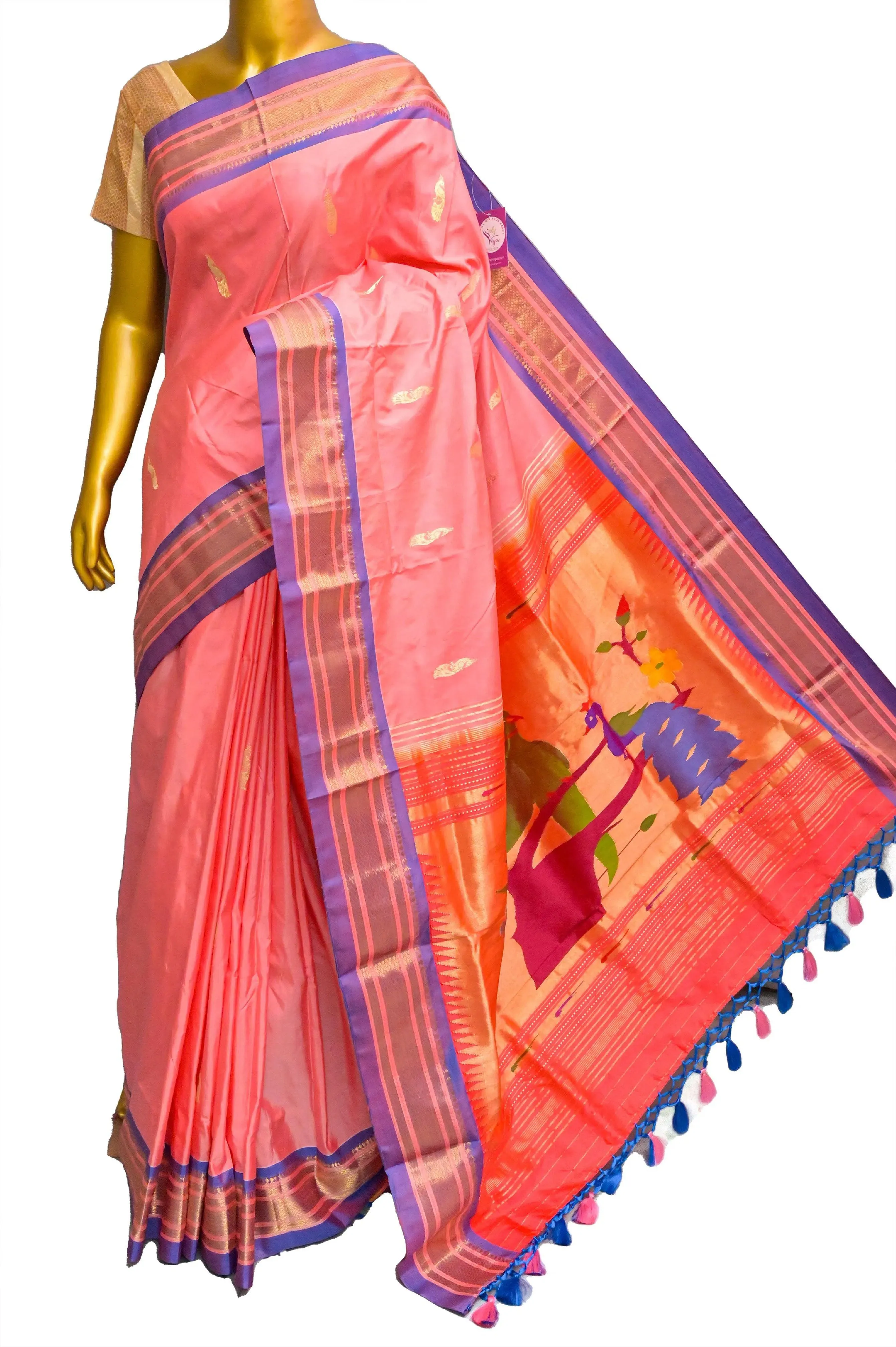 Dark Salmon Pink Color Pure Yeola Paithani Saree