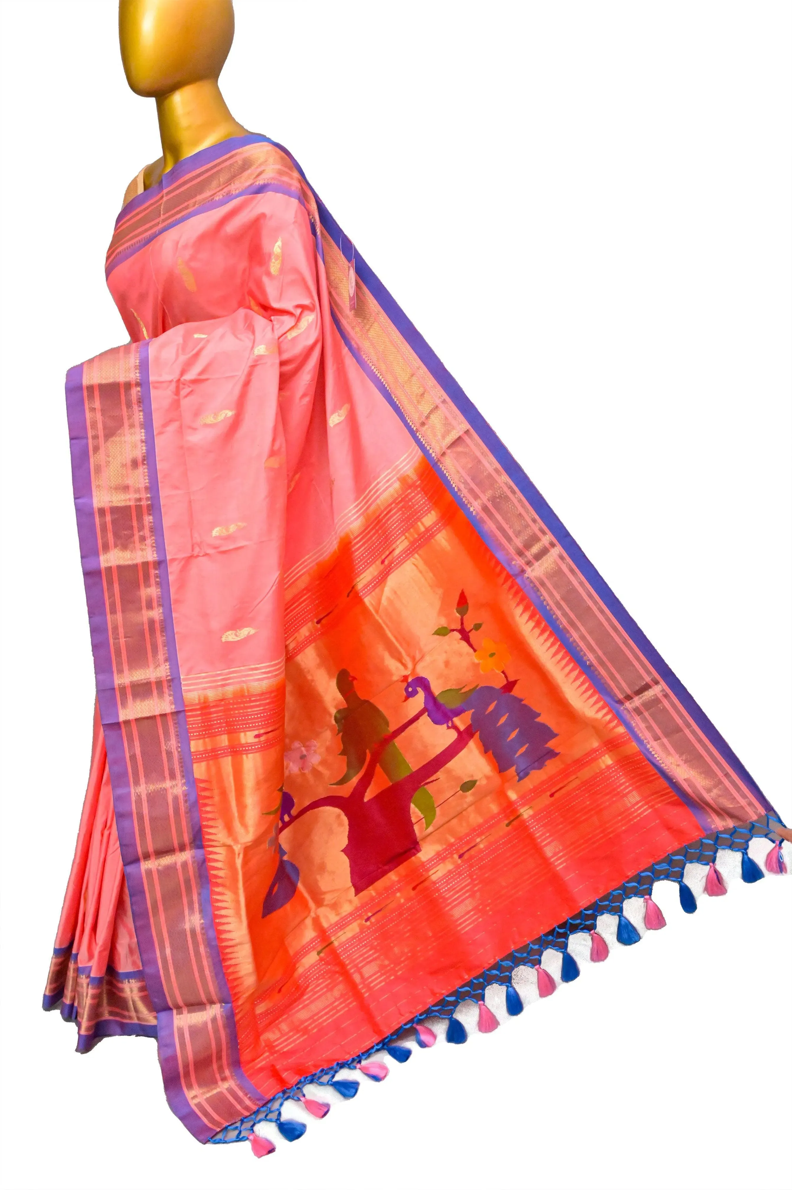 Dark Salmon Pink Color Pure Yeola Paithani Saree