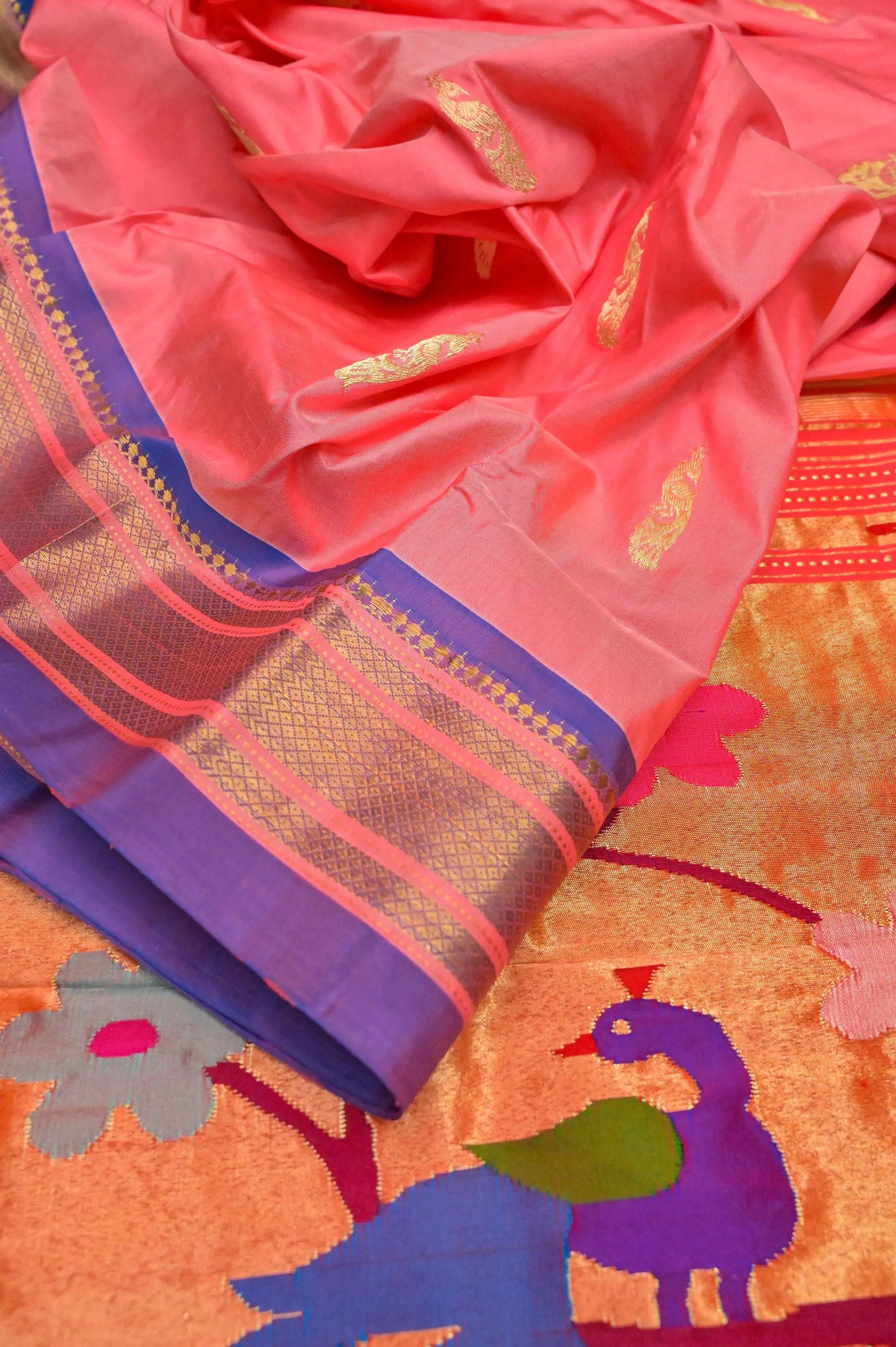 Dark Salmon Pink Color Pure Yeola Paithani Saree