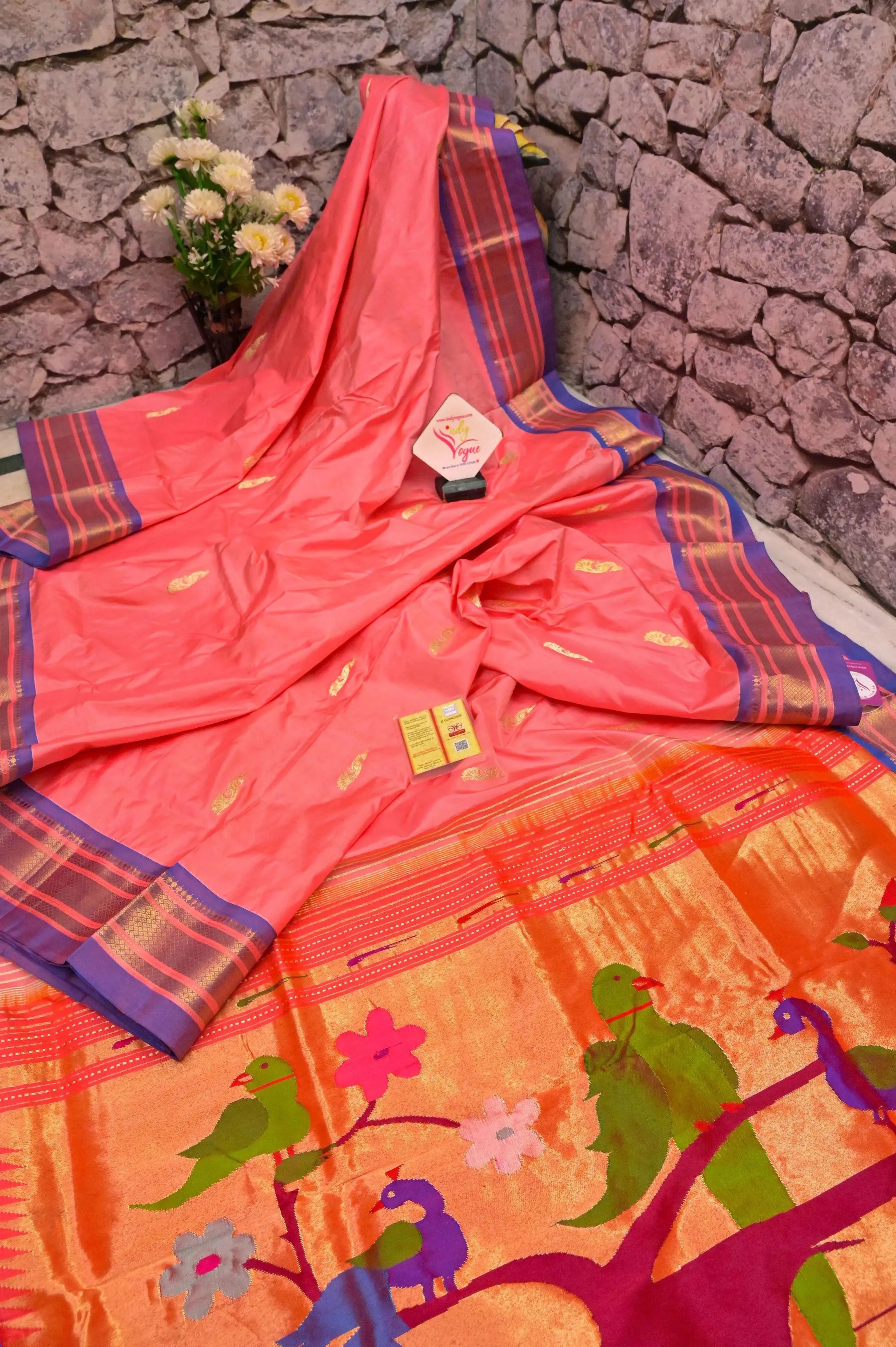 Dark Salmon Pink Color Pure Yeola Paithani Saree