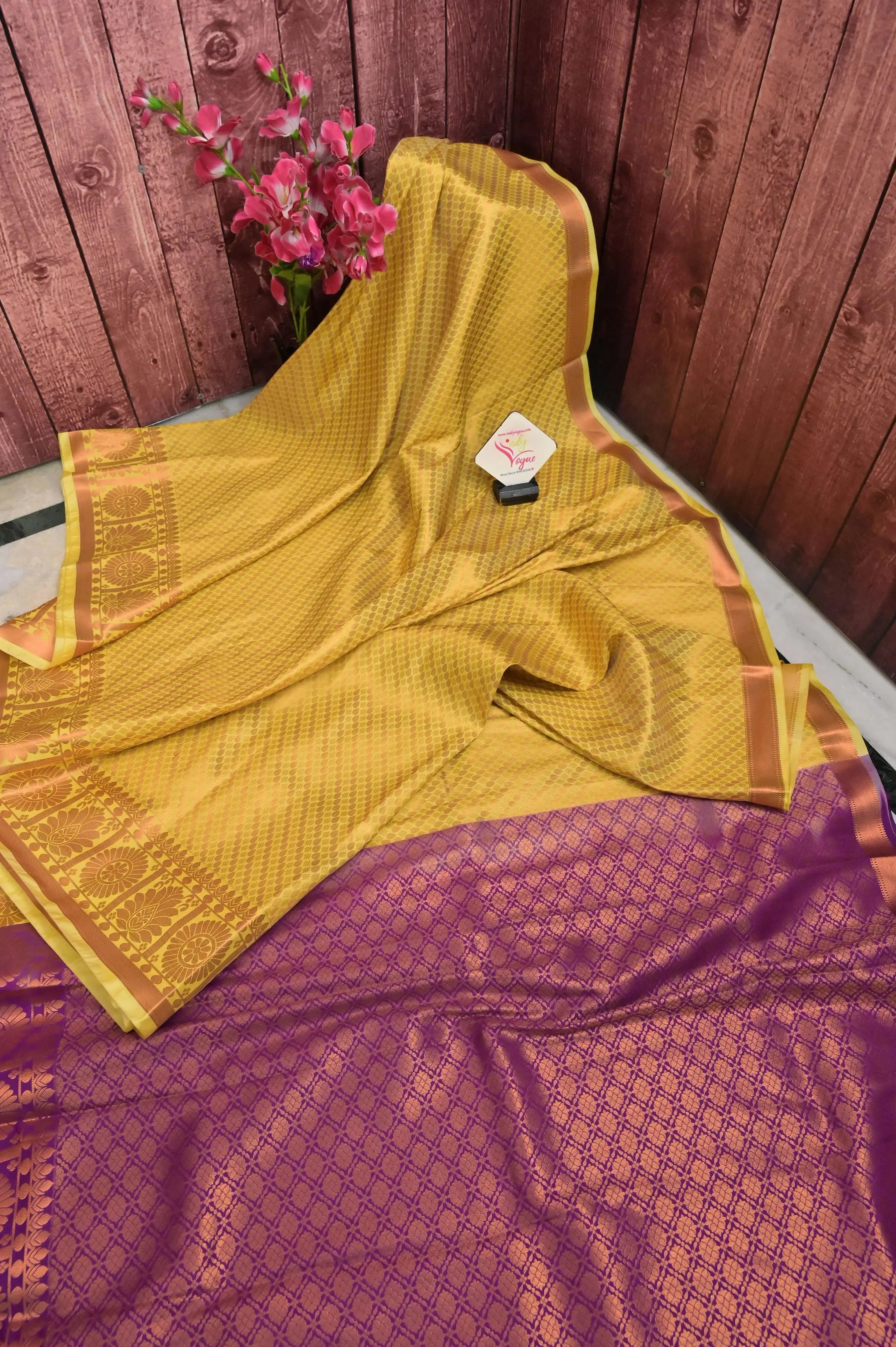 Dark Yellow Color South Silk with Allover Copper Buti and Border