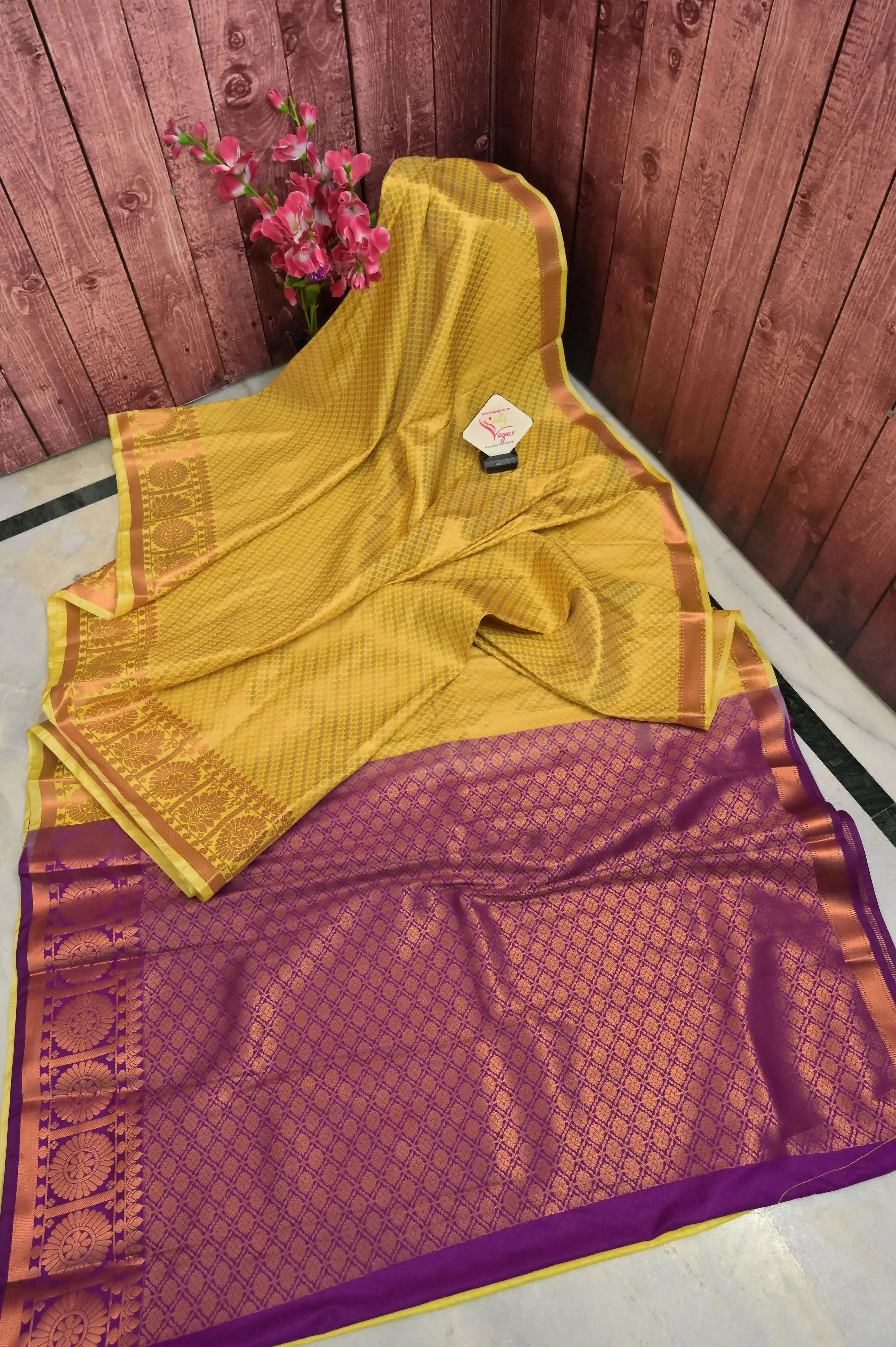 Dark Yellow Color South Silk with Allover Copper Buti and Border