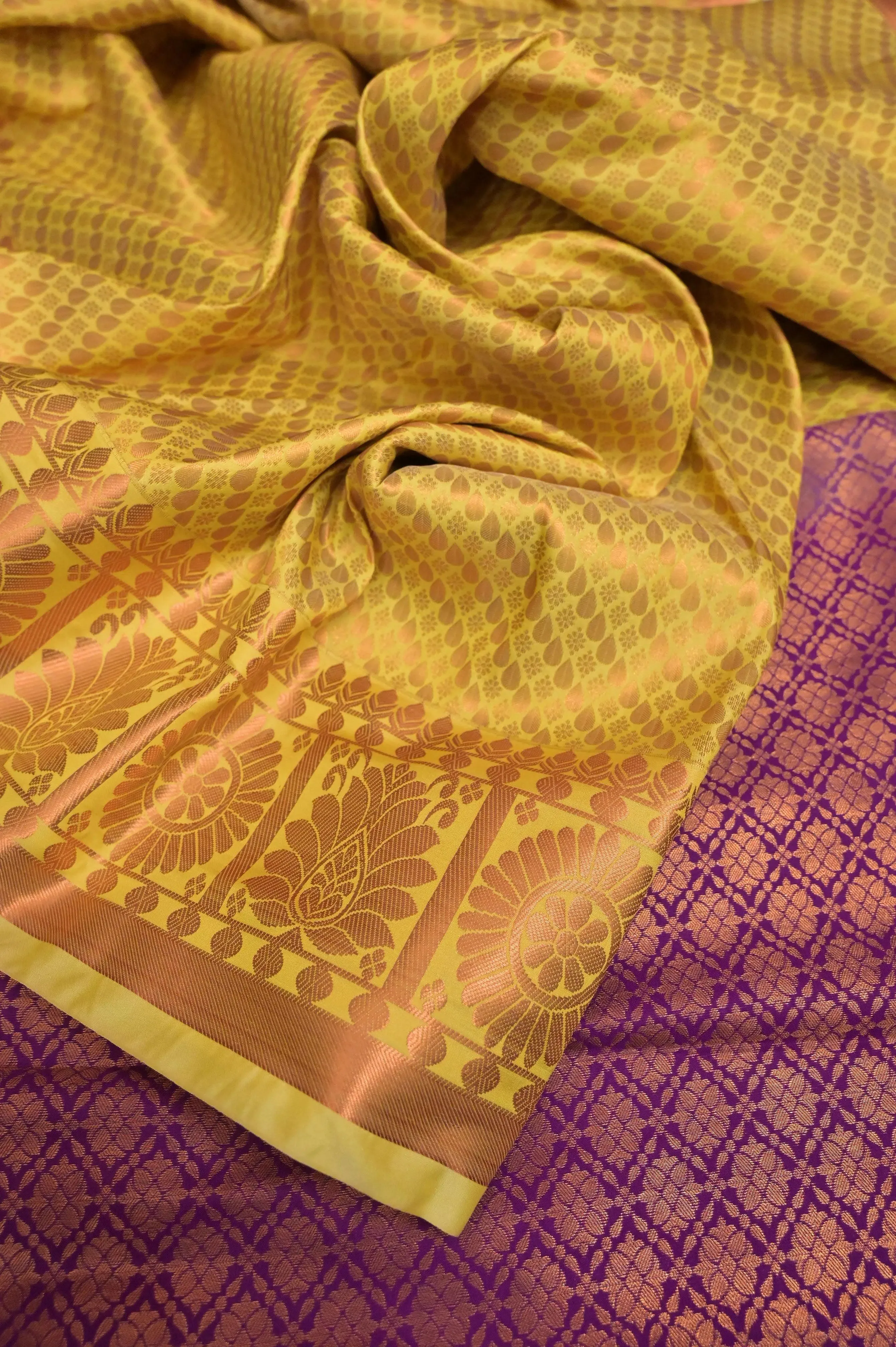 Dark Yellow Color South Silk with Allover Copper Buti and Border