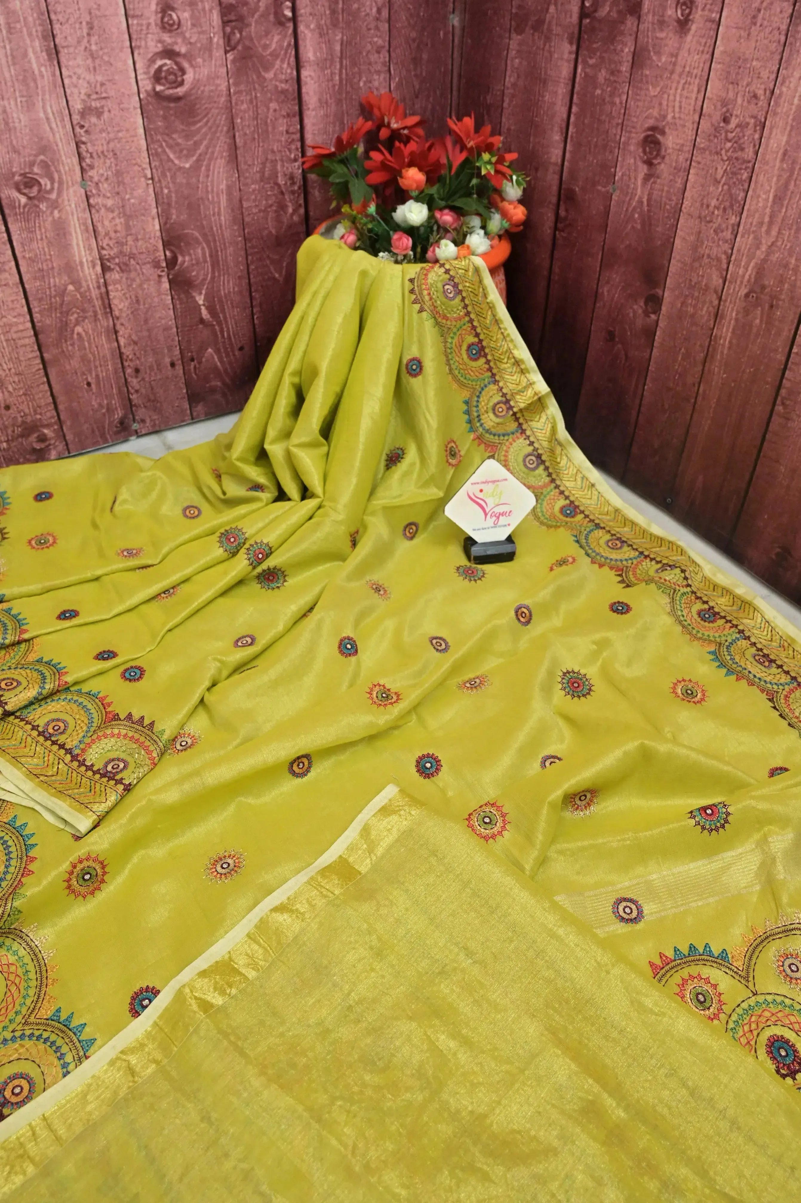 Dirty Lemon Green Color Tissue Handloom Saree with Lambani Embroidery