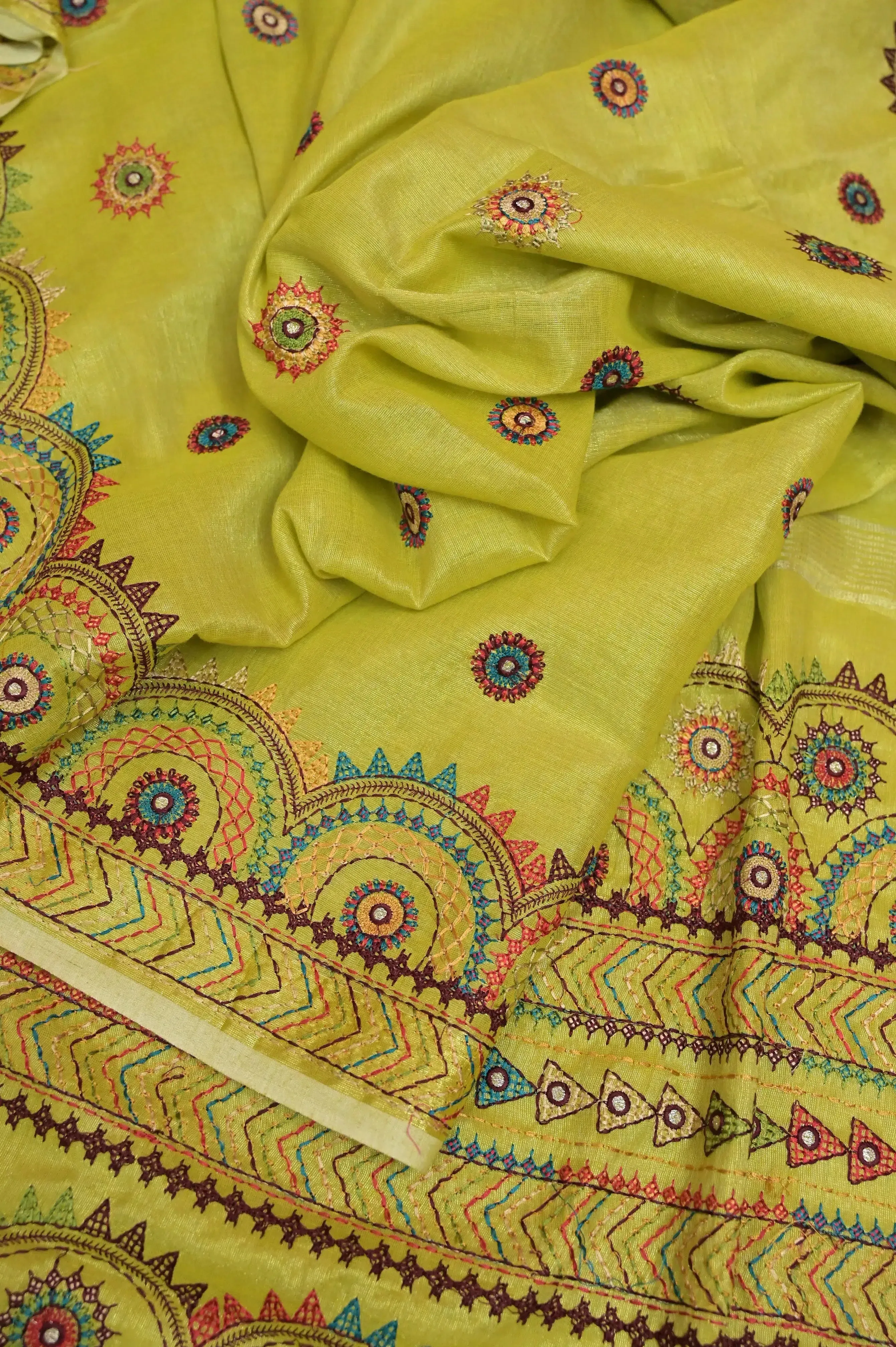 Dirty Lemon Green Color Tissue Handloom Saree with Lambani Embroidery