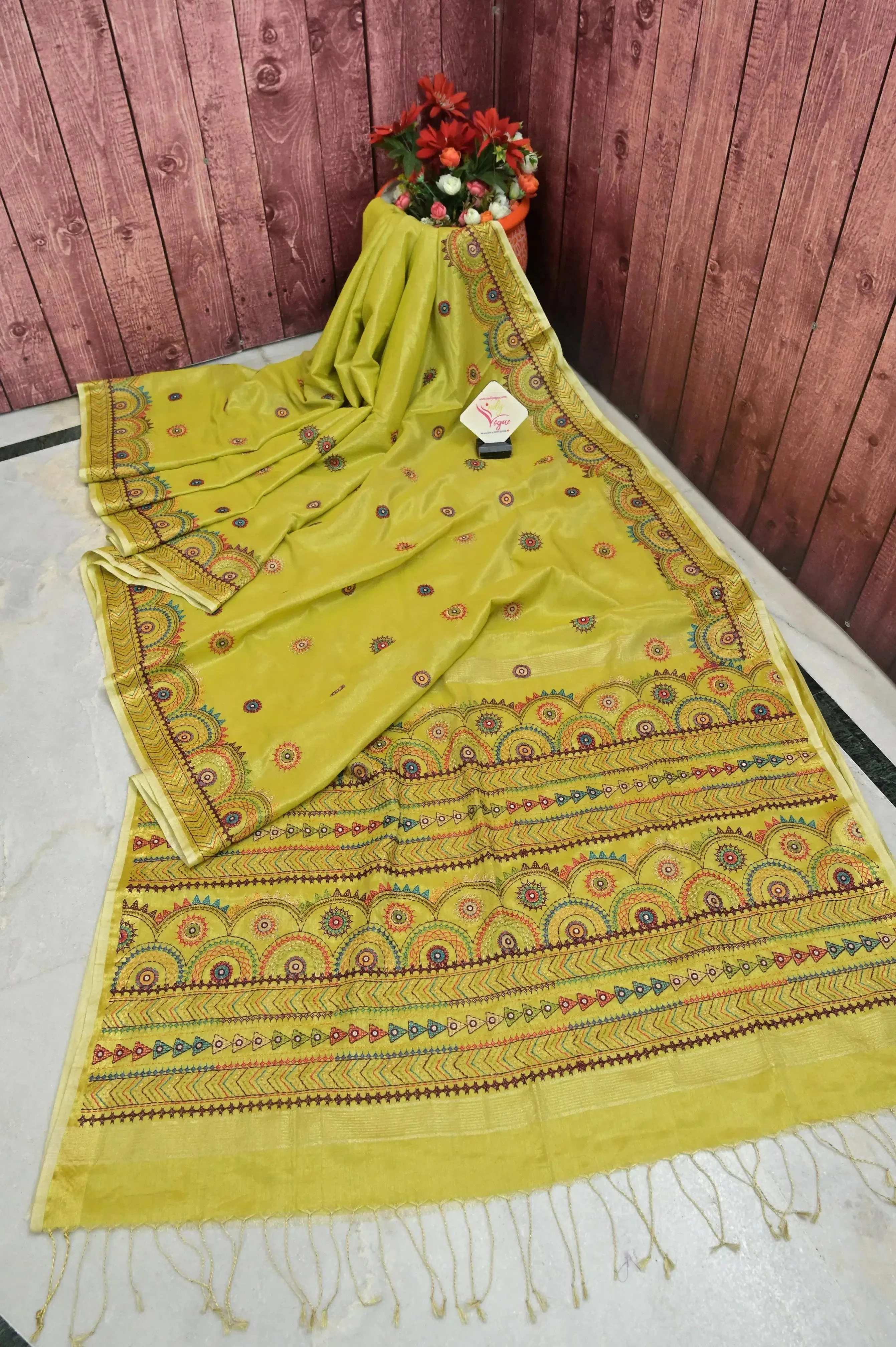 Dirty Lemon Green Color Tissue Handloom Saree with Lambani Embroidery