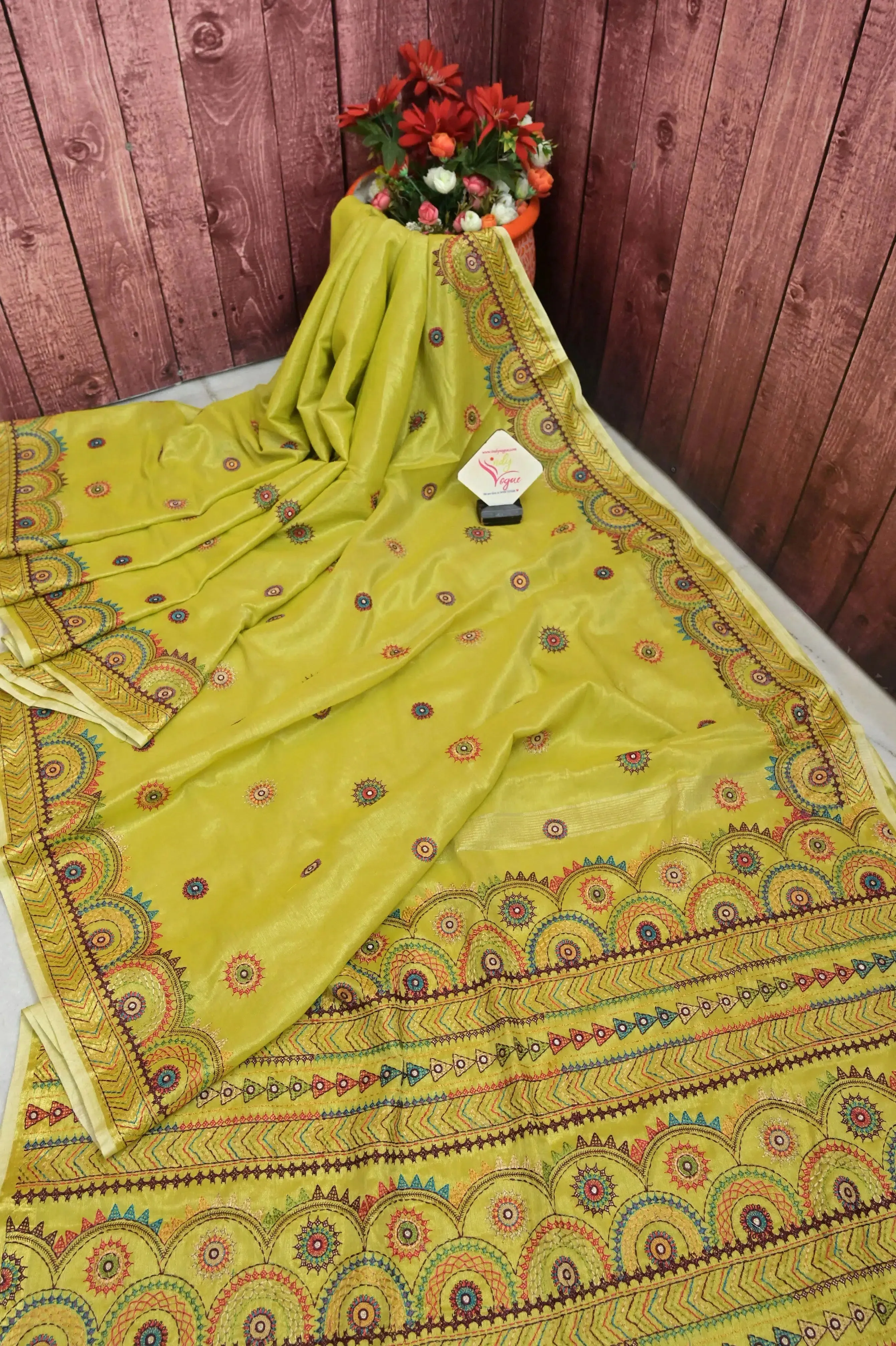 Dirty Lemon Green Color Tissue Handloom Saree with Lambani Embroidery