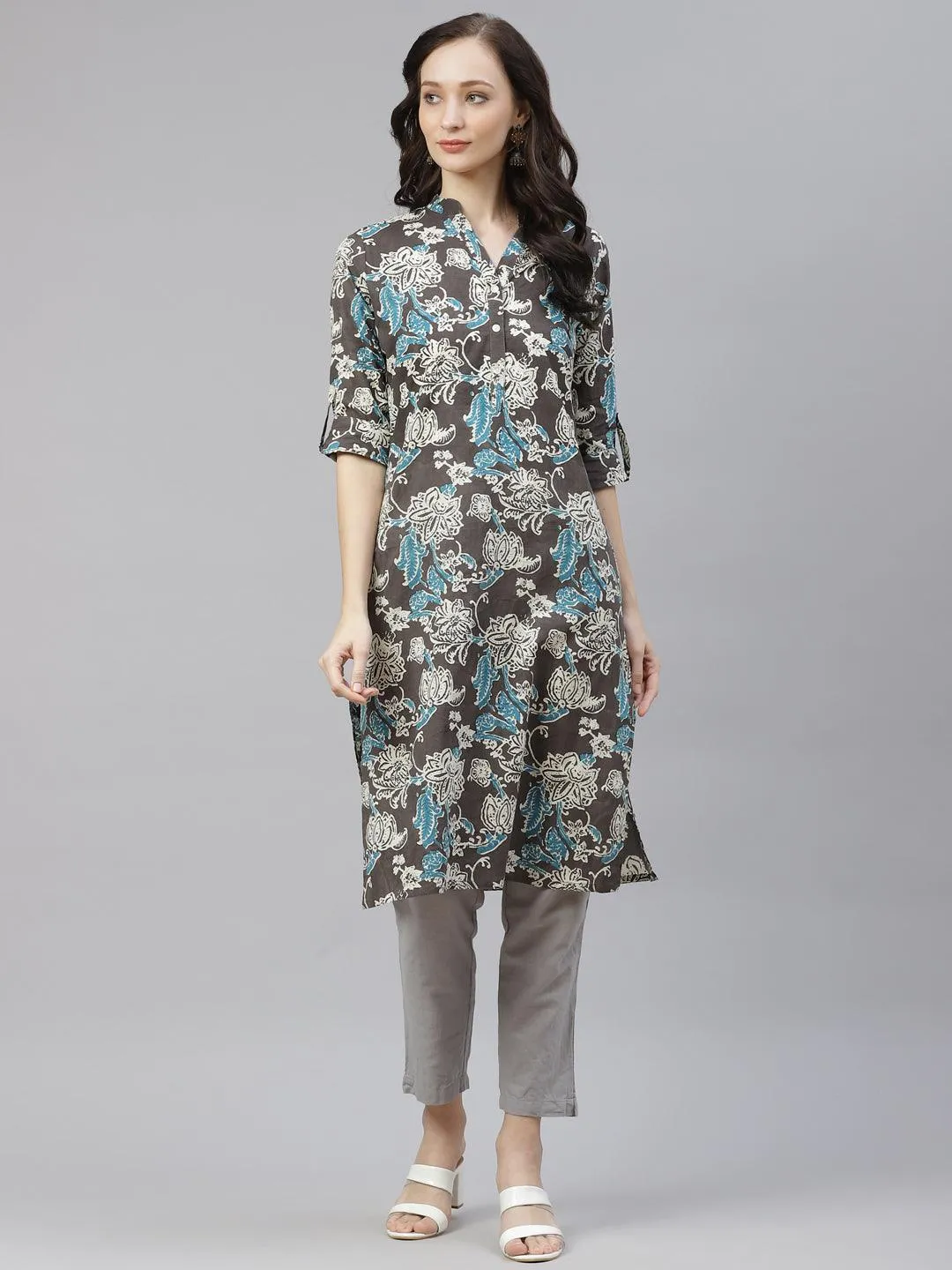 Divena Brown Floral printed Straight kurta