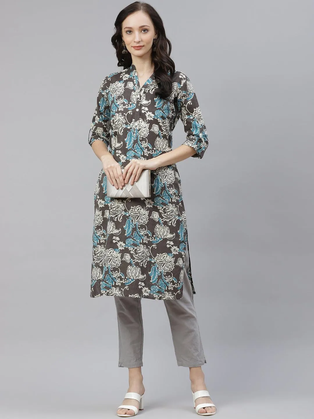 Divena Brown Floral printed Straight kurta