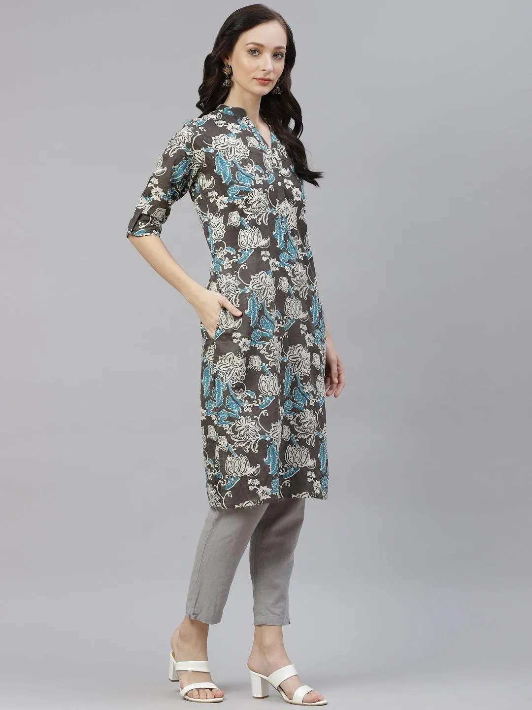 Divena Brown Floral printed Straight kurta