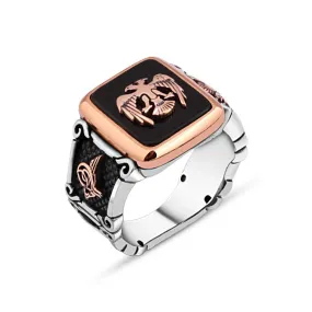 Double Headed Eagle on Square Black Onyx Stone Silver Men's Ring Siding Ottoman Tughra