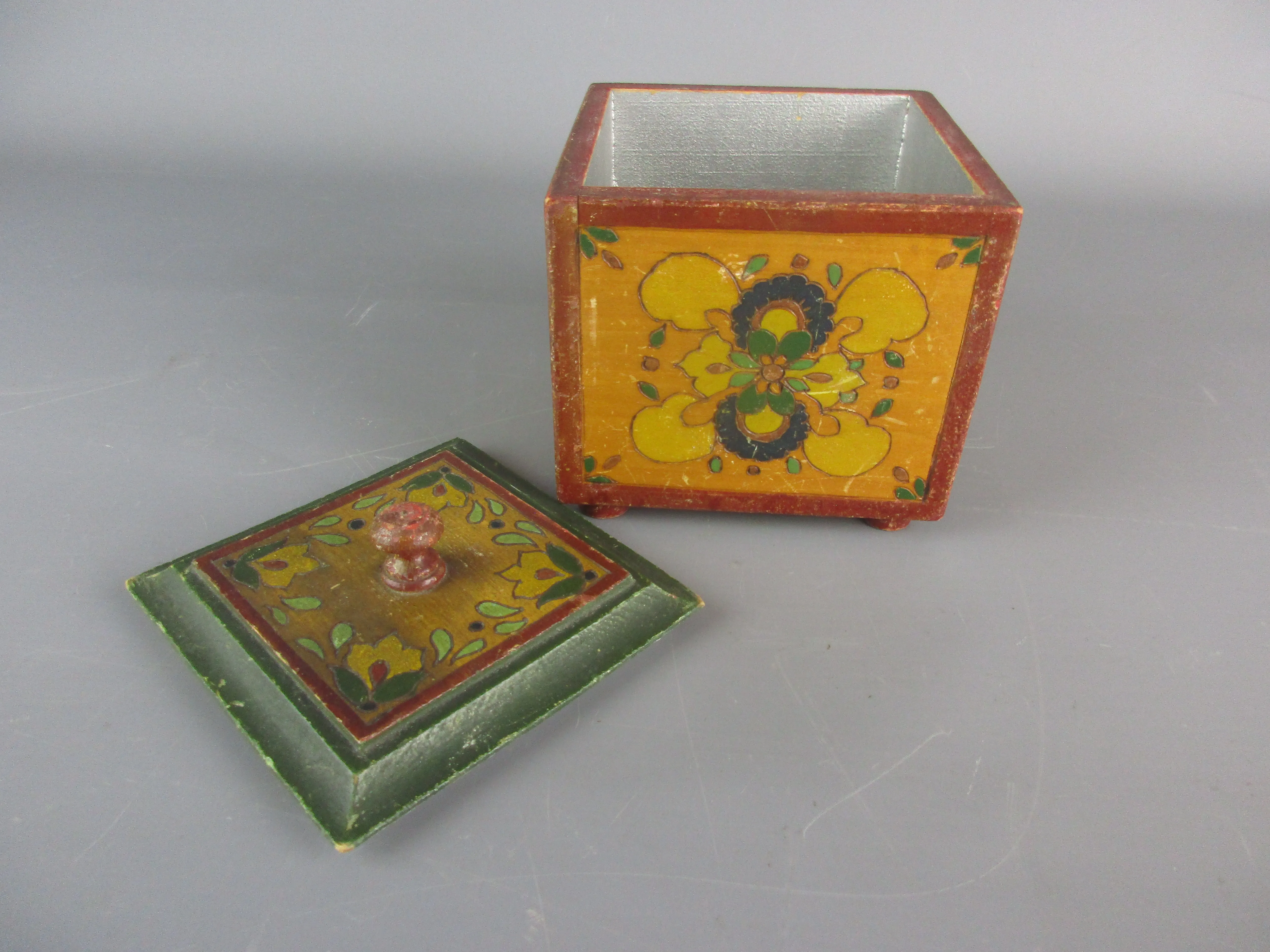 Eastern European Painted Wooden Lidded Box Vintage Early 20th Century