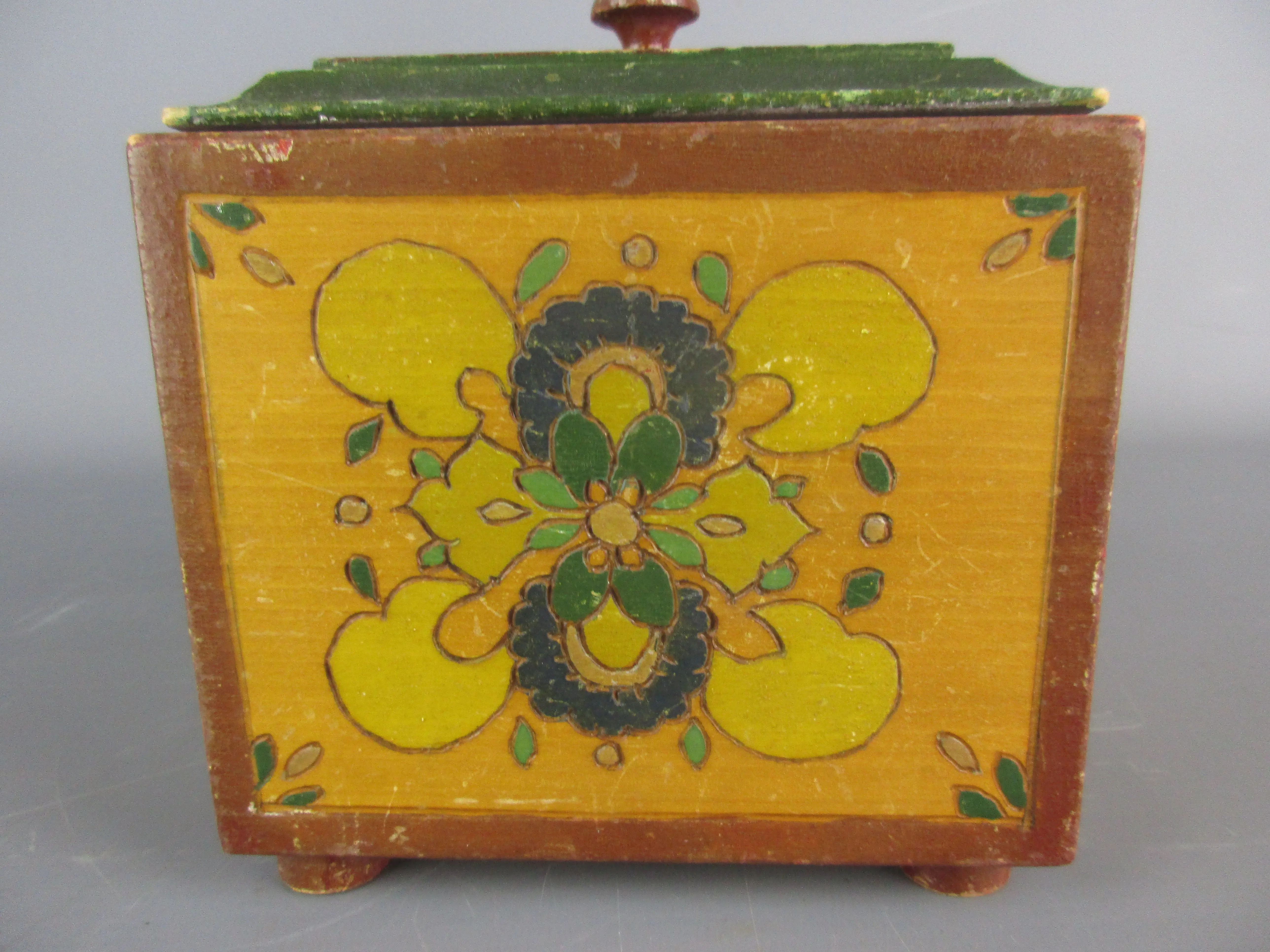 Eastern European Painted Wooden Lidded Box Vintage Early 20th Century