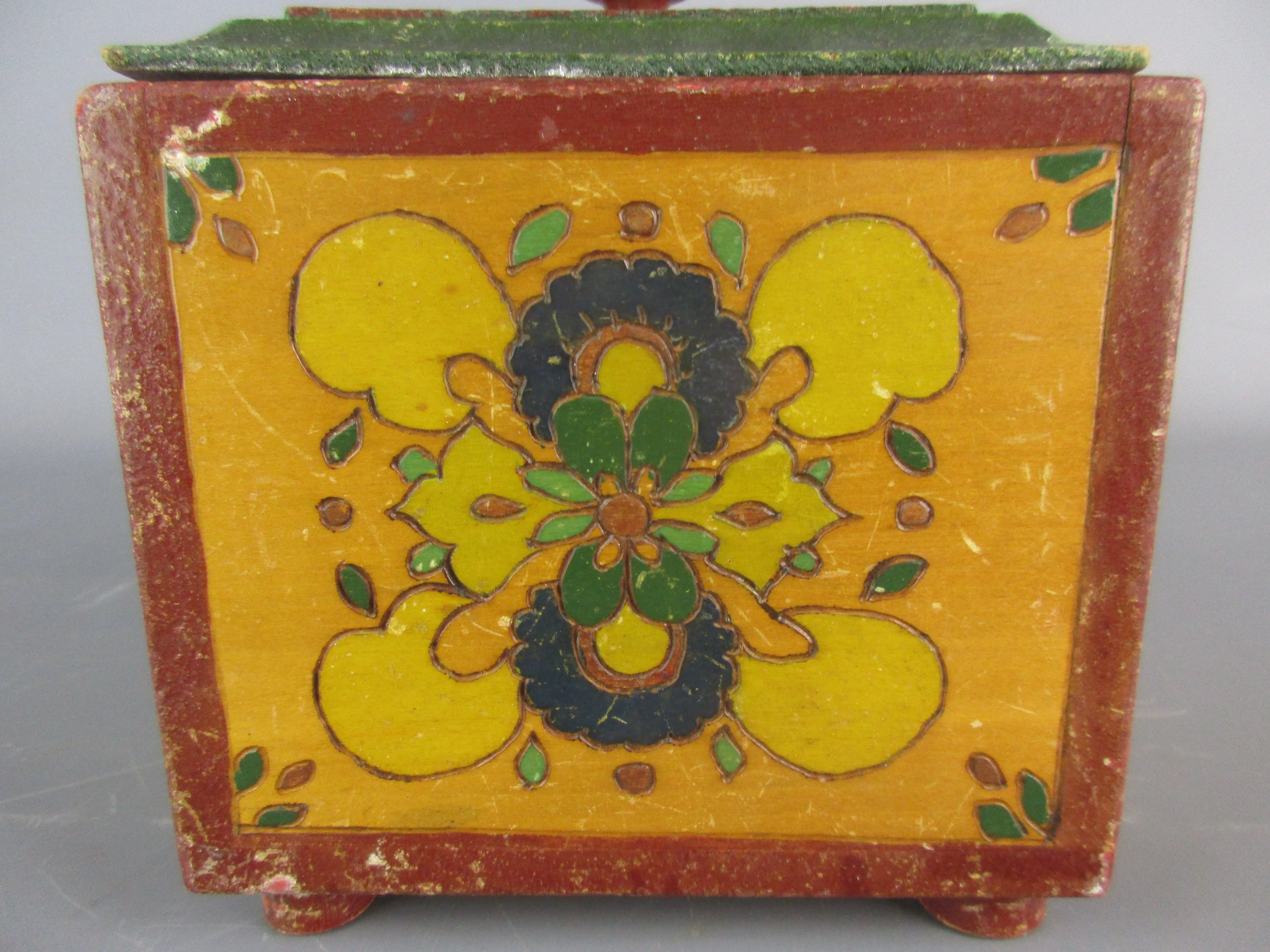 Eastern European Painted Wooden Lidded Box Vintage Early 20th Century