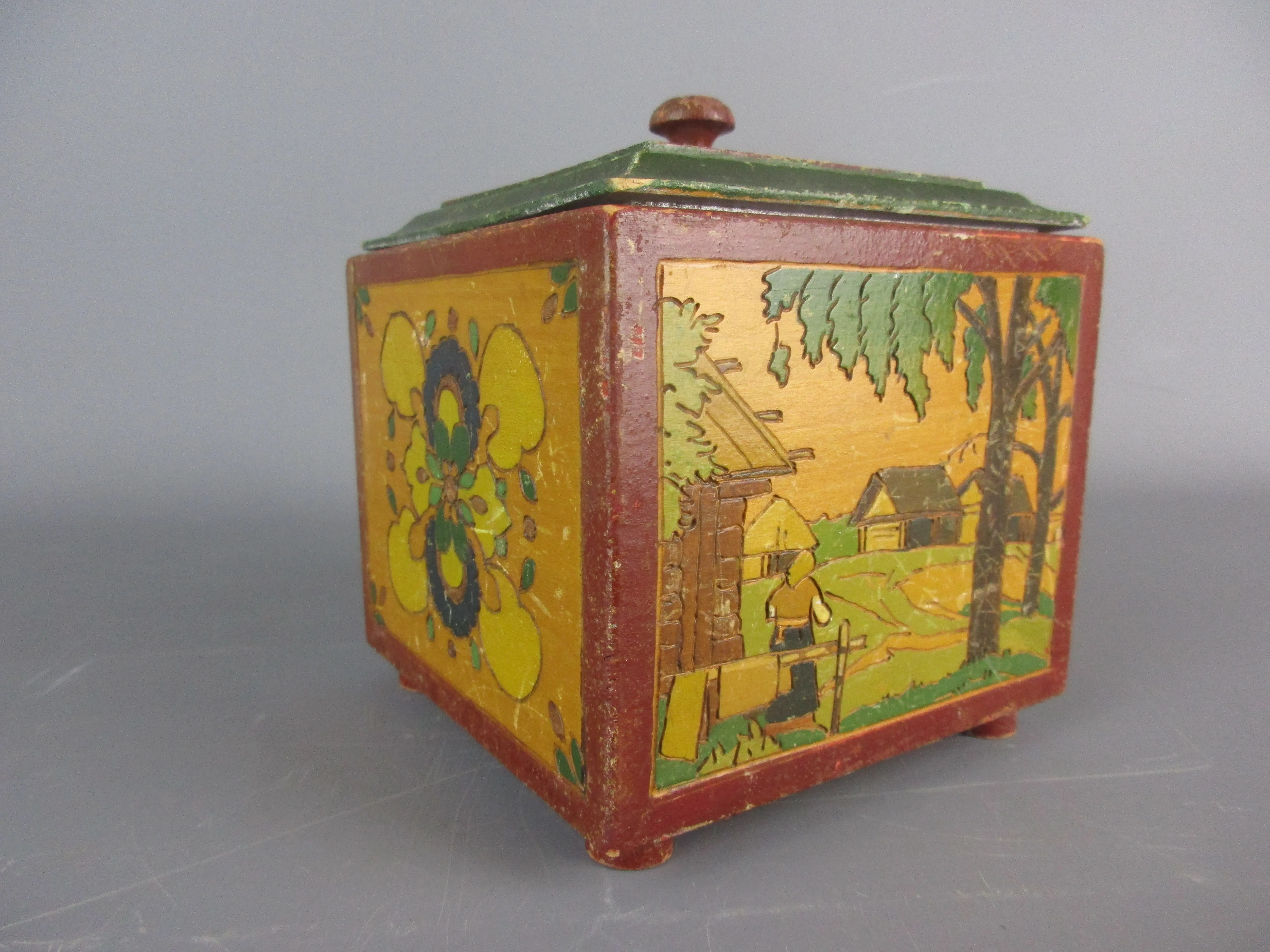 Eastern European Painted Wooden Lidded Box Vintage Early 20th Century