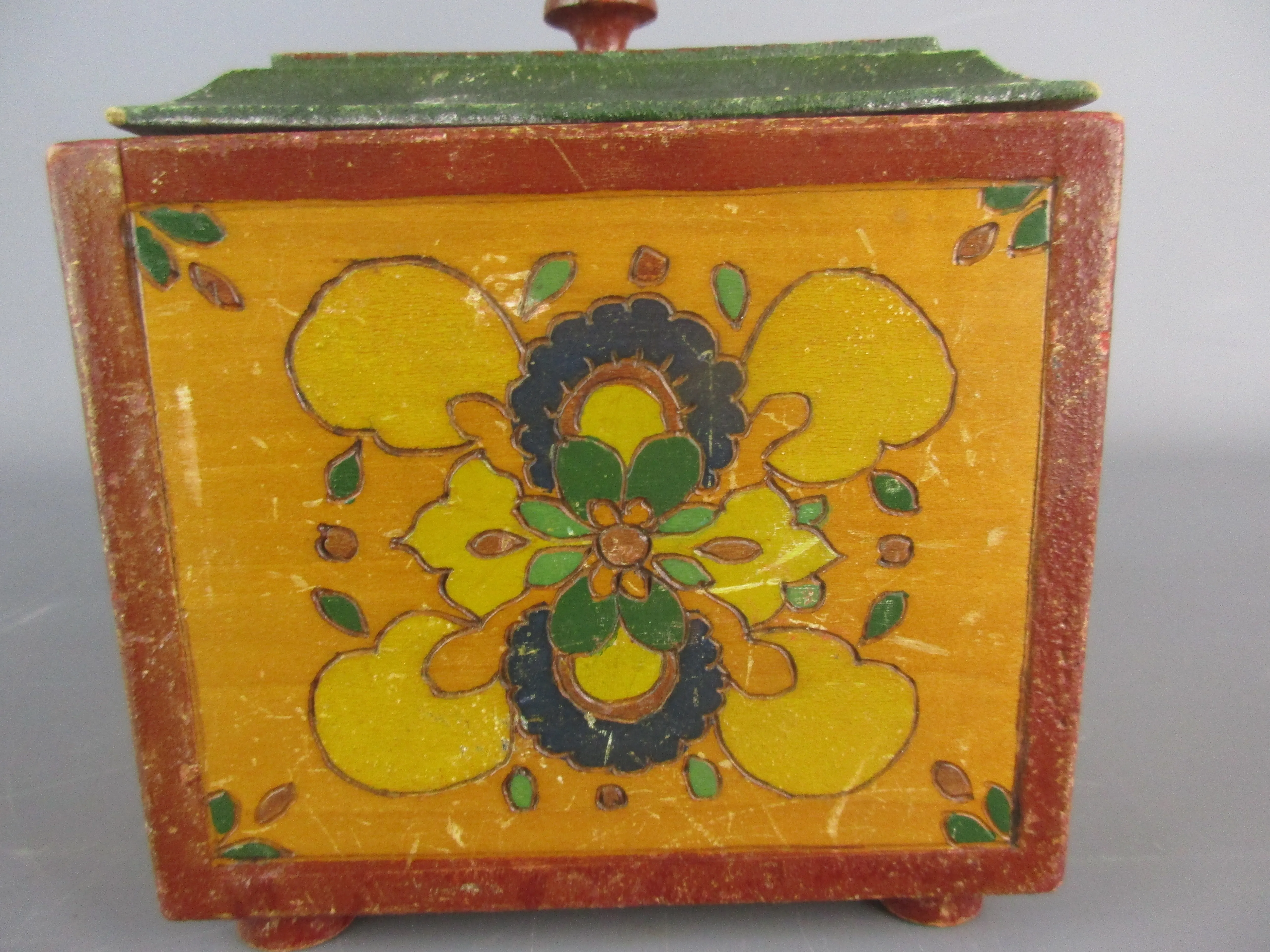 Eastern European Painted Wooden Lidded Box Vintage Early 20th Century