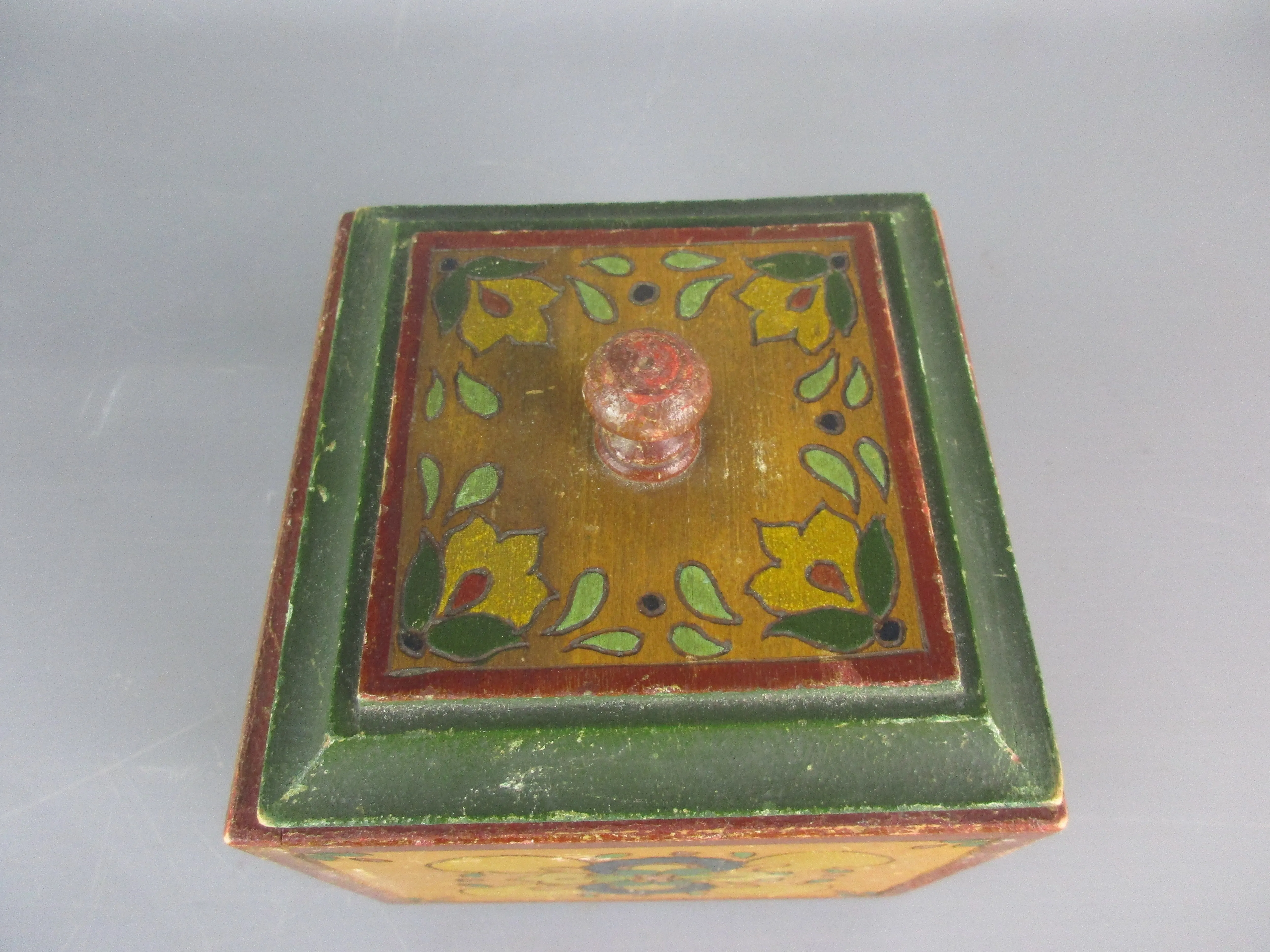 Eastern European Painted Wooden Lidded Box Vintage Early 20th Century