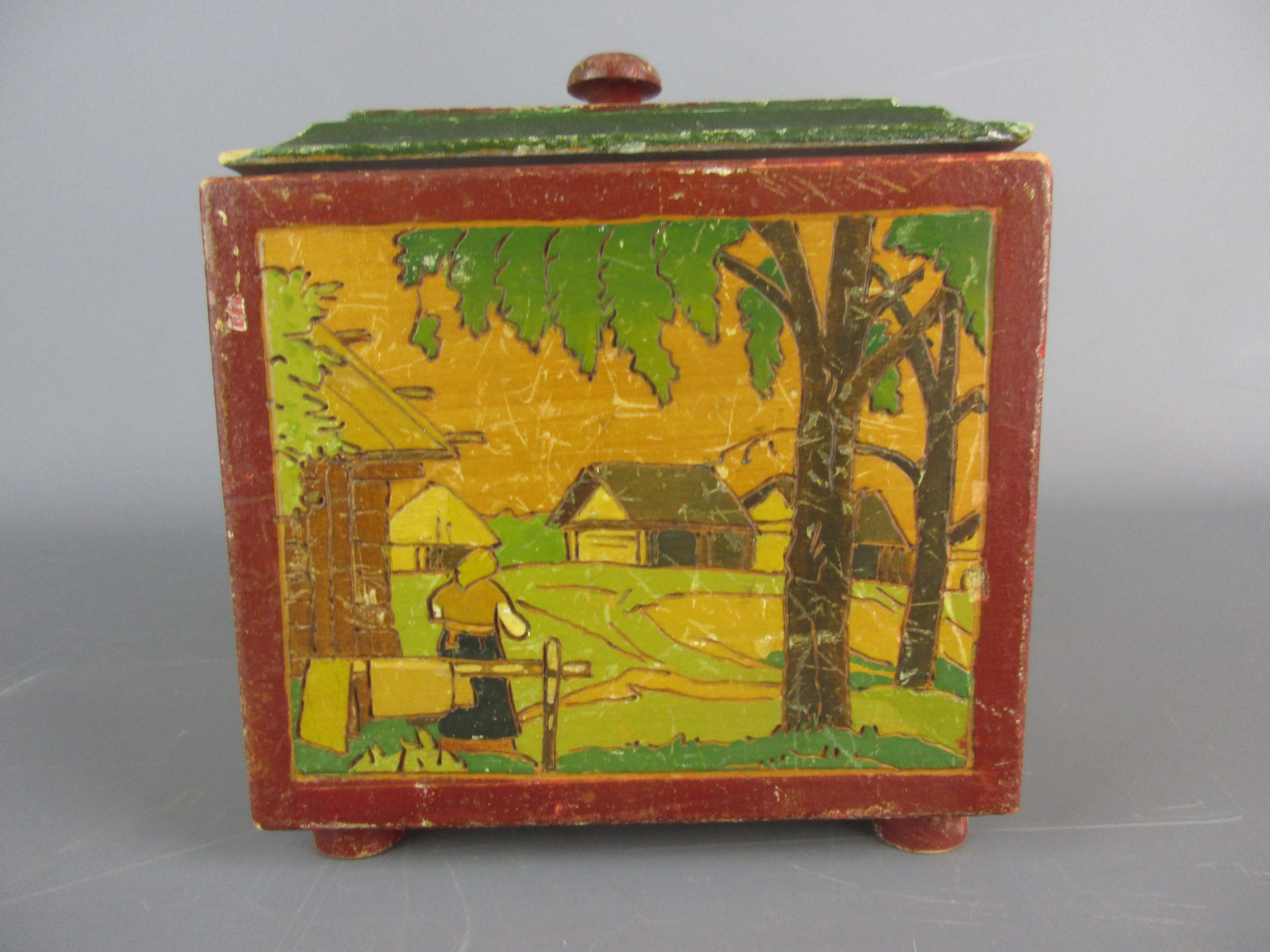 Eastern European Painted Wooden Lidded Box Vintage Early 20th Century