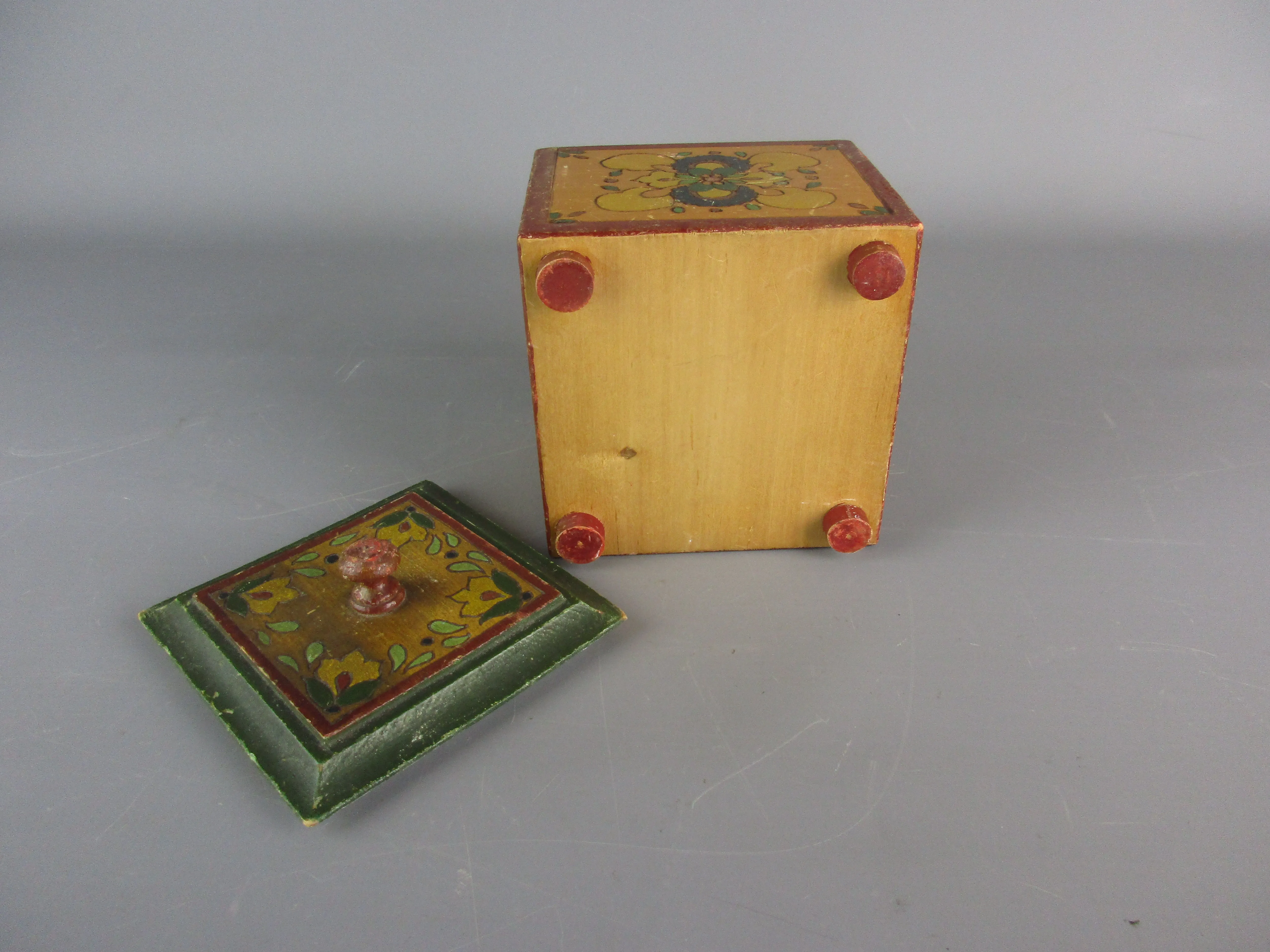 Eastern European Painted Wooden Lidded Box Vintage Early 20th Century