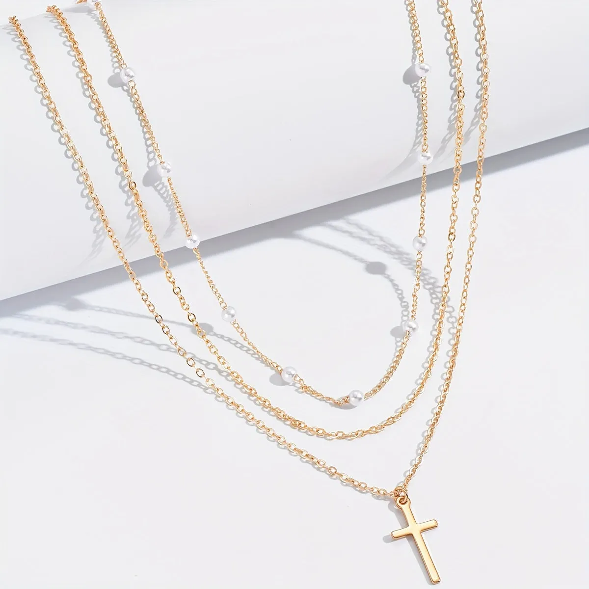 Elegant Layered Necklace with Retro Imitation Pearl Cross Pendant - Perfect Gift for Women