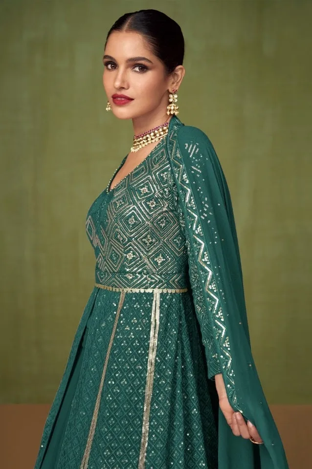 Embroidered Georgette Palazzo Suits Pine Green