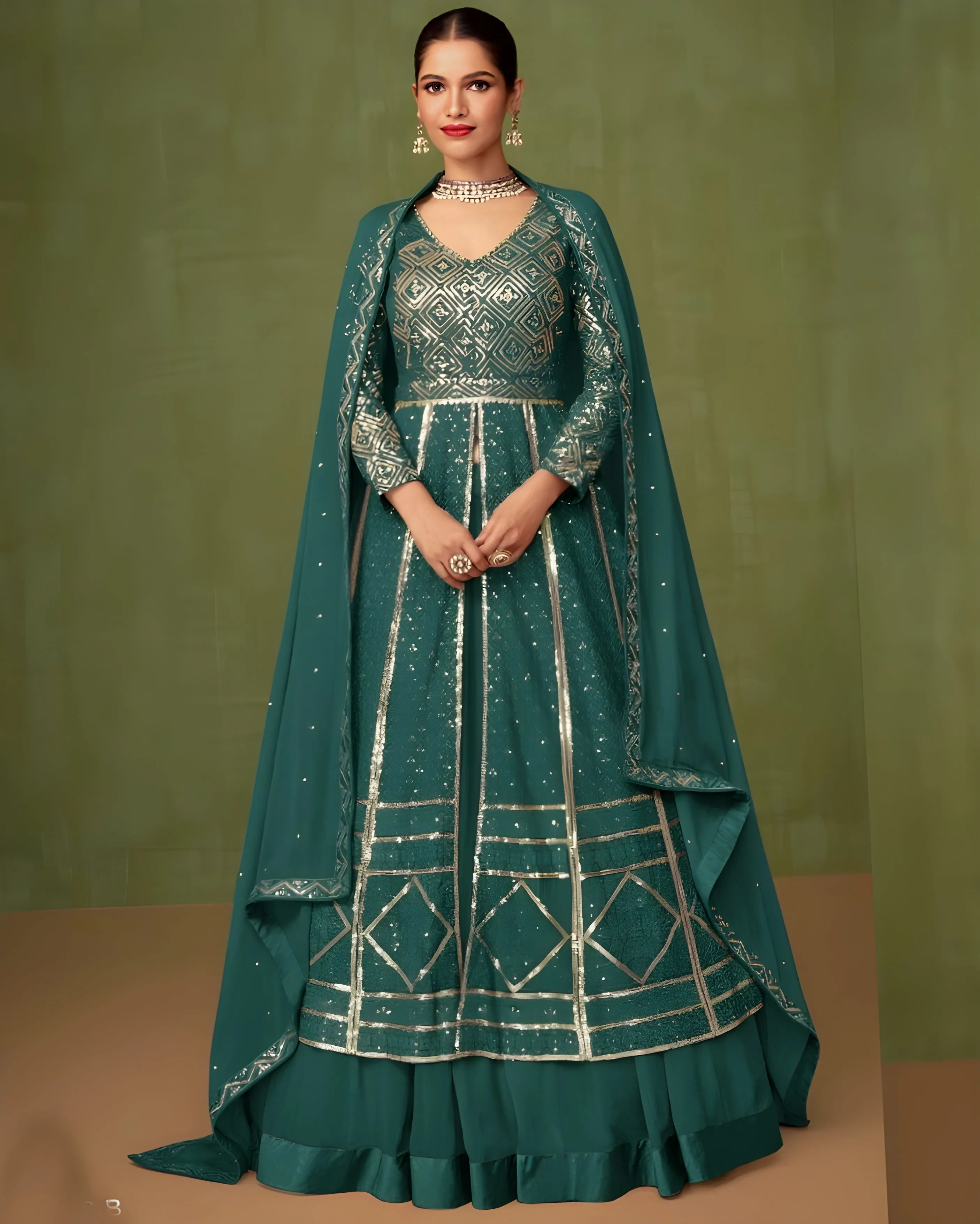 Embroidered Georgette Palazzo Suits Pine Green