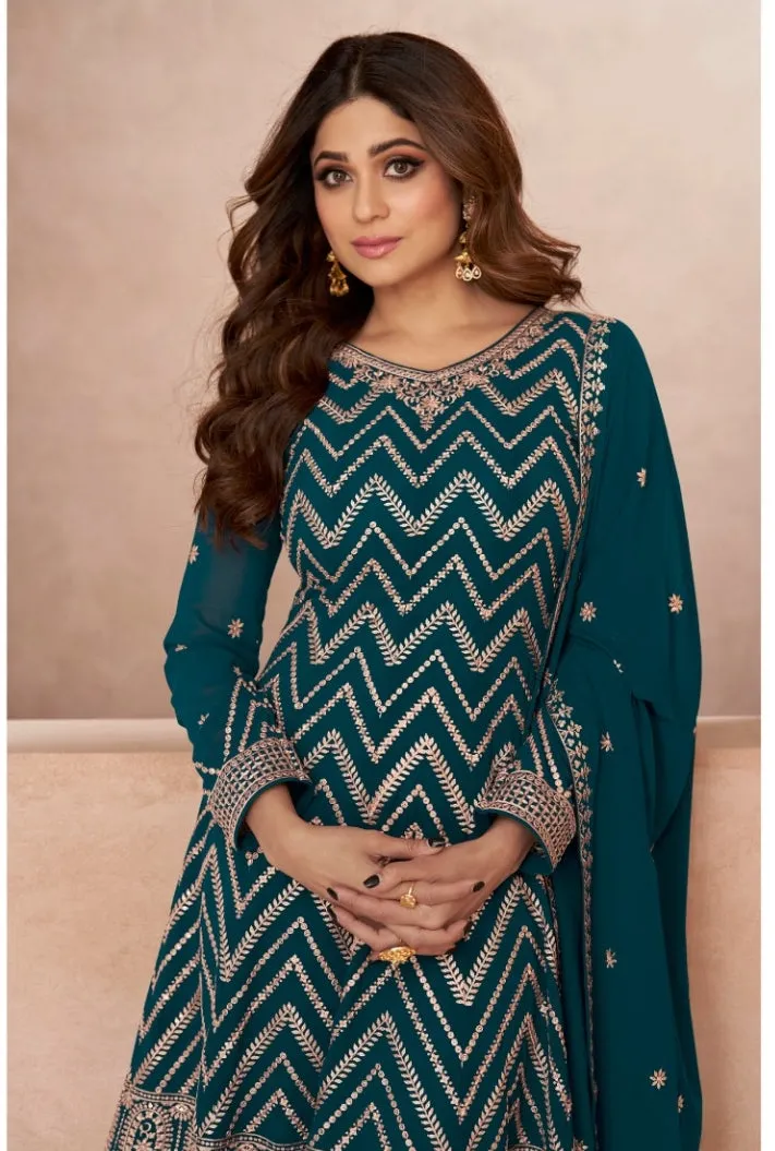 Embroidered Georgette Palazzo Suits Teal