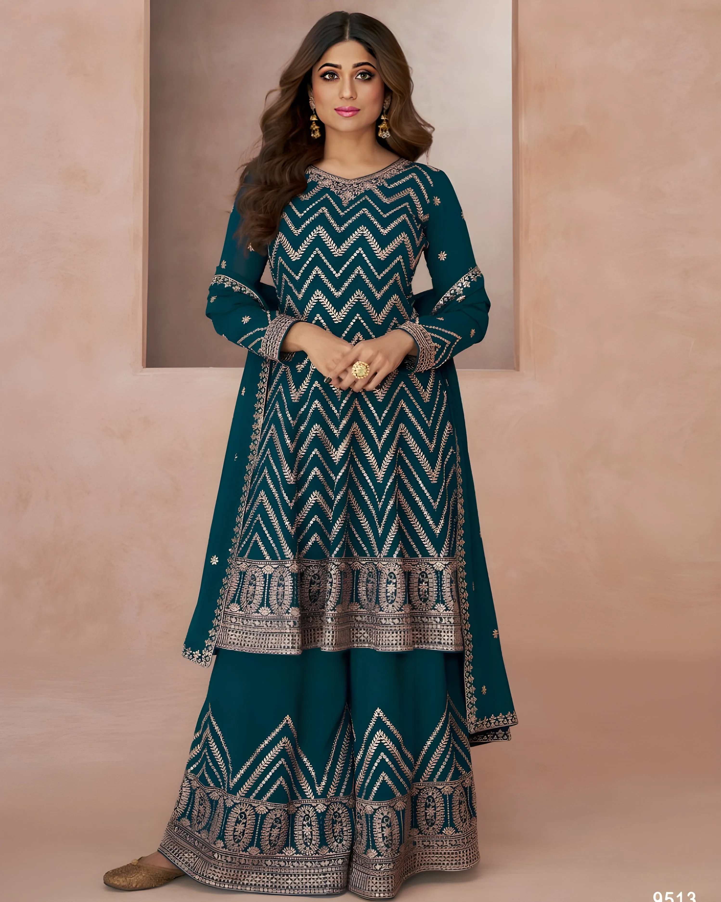 Embroidered Georgette Palazzo Suits Teal