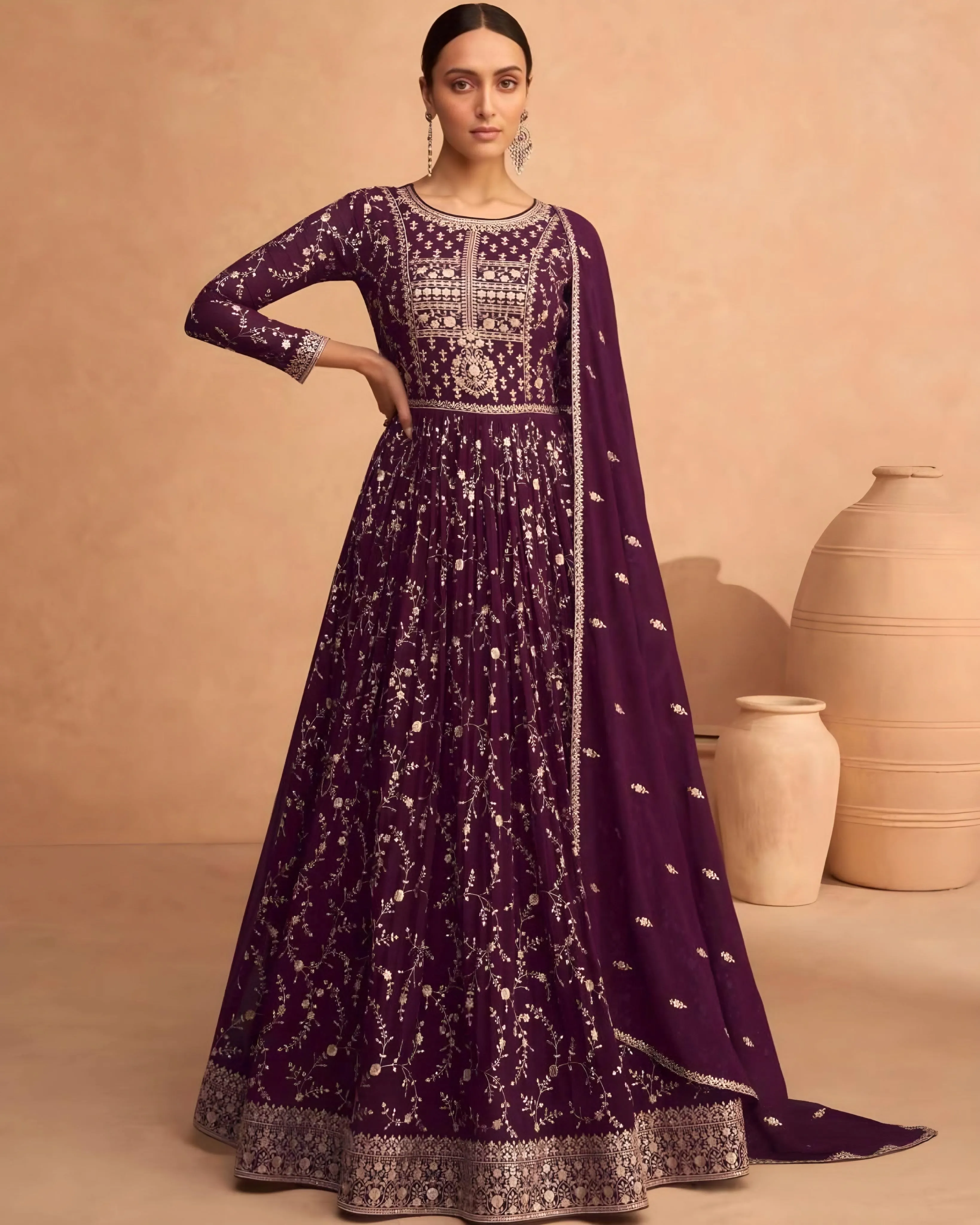 Embroidered Real Georgette Anarkali Gown Wine