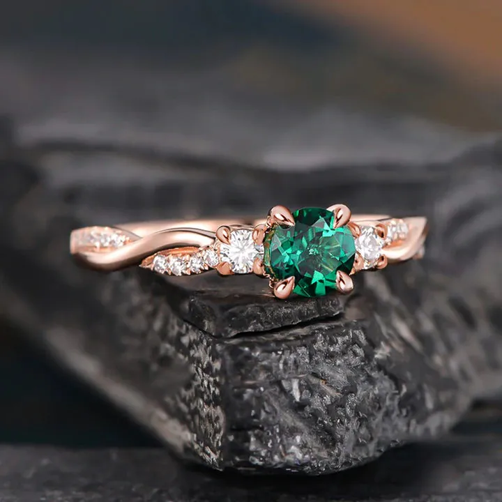 Emerald Green Twist Rose Golden Engagement Ring In Sterling Silver