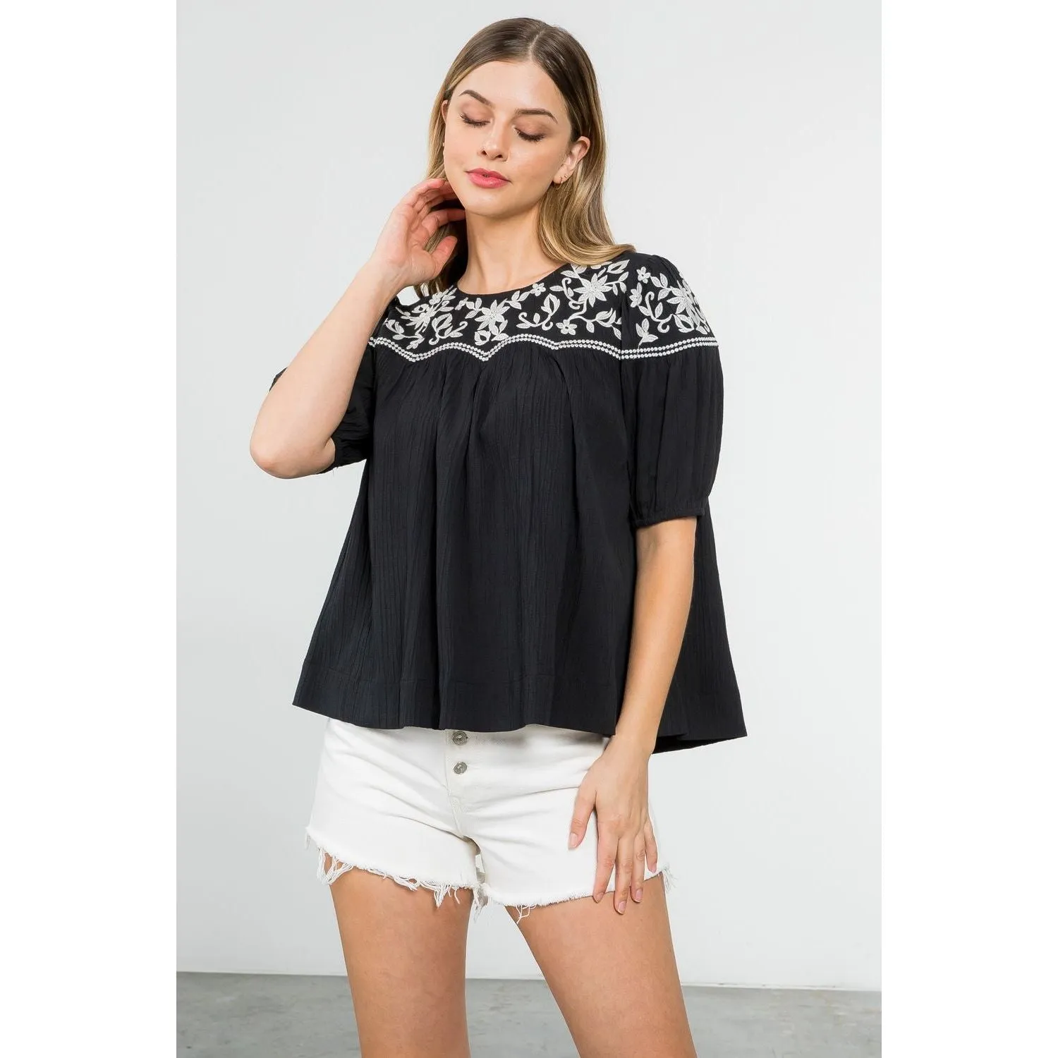 Emily Embroidered Short Sleeve THML Top